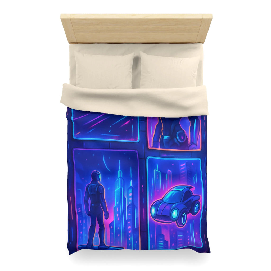 Couverture Futuriste Bleu Néon avec Silhouettes Humaines et Voitures Volantes Modernes