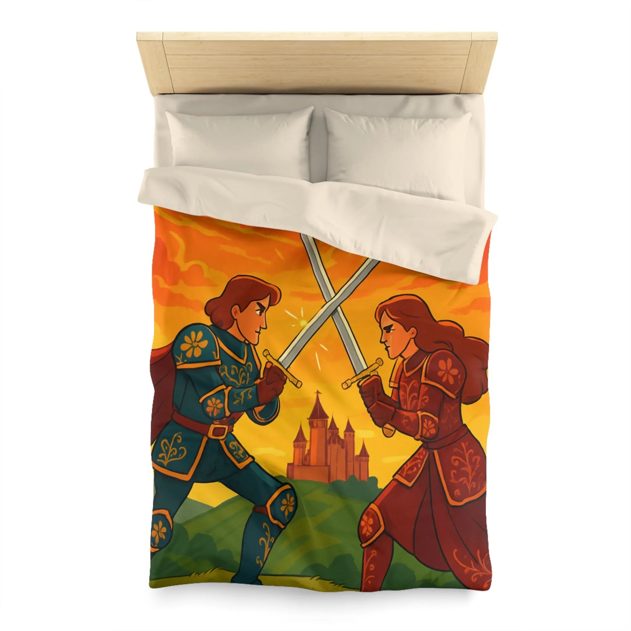 Épique housse de couette avec chevaliers médiévaux, châteaux et ciel flamboyant