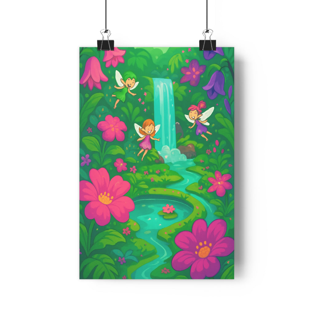 Poster décoratif féérique jardin enchanté fées joyeuses cascade fleurs roses violettes vert cartoon chambre