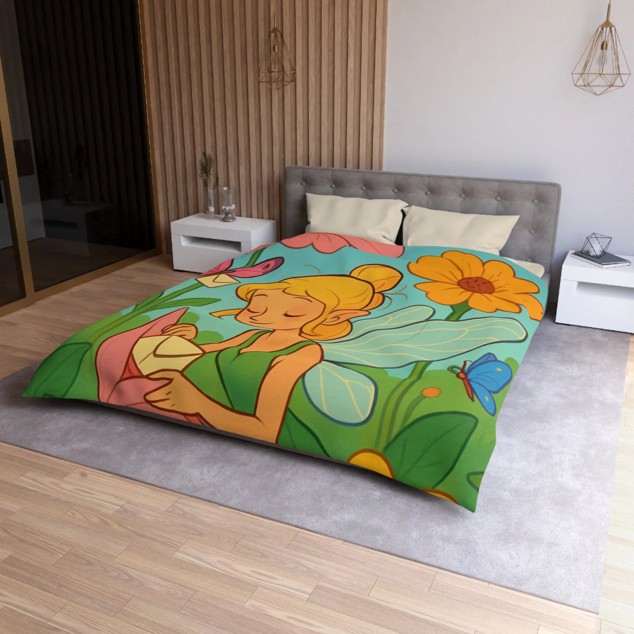 Fée des Jardins Éthérés avec Lettres Magiques et Fleurs Vibrantes pour Enchantement Nocturne