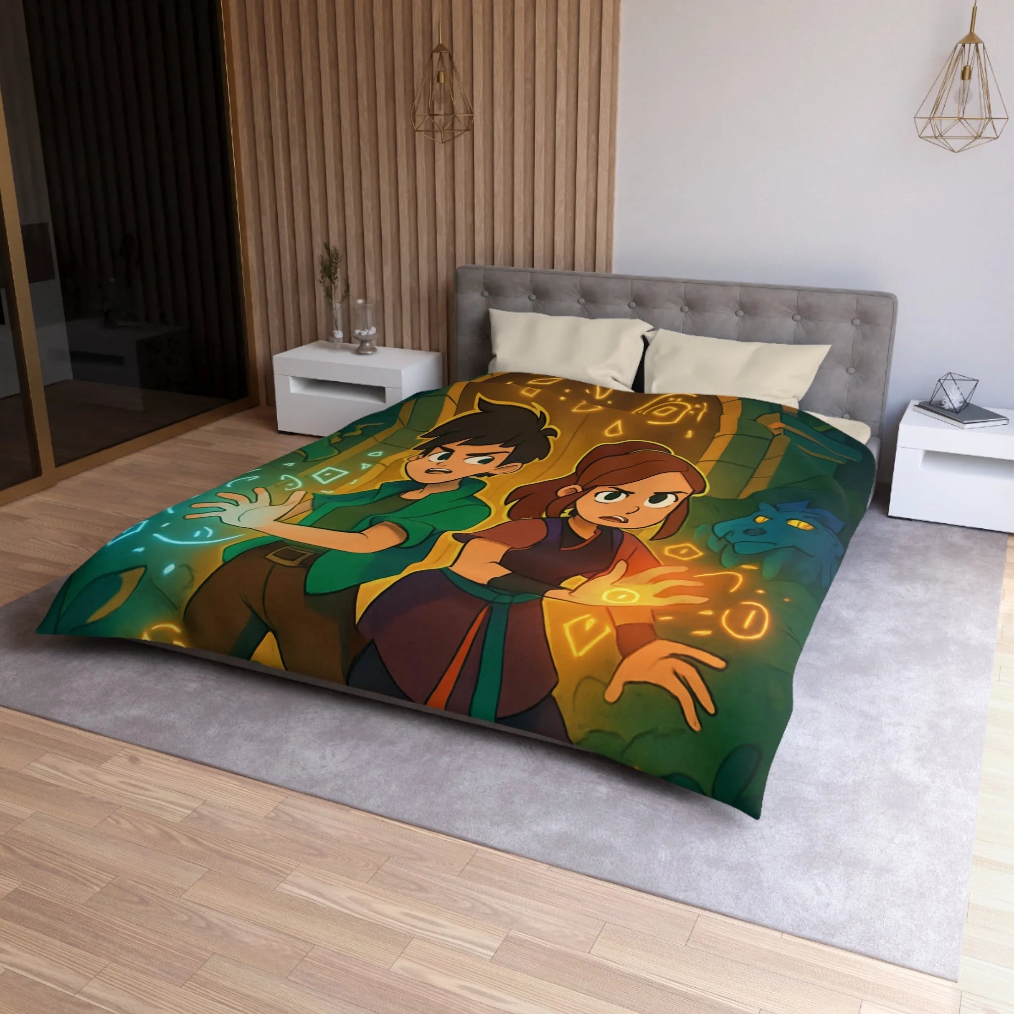 Housse de Couette Magique avec Enfants et Symboles Lumineux Devant un Portail Mystique