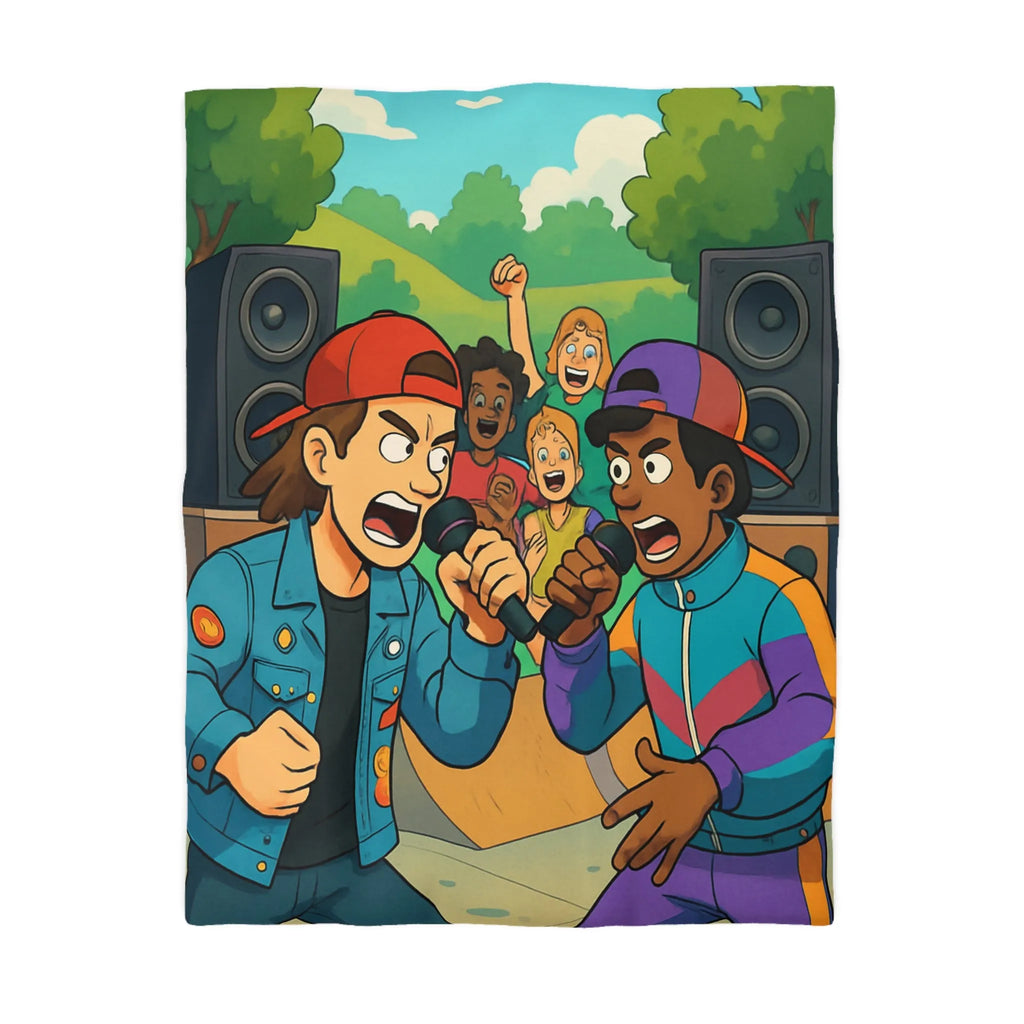 Housse de couette colorée style urbain avec jeunes en compétition de rap animée