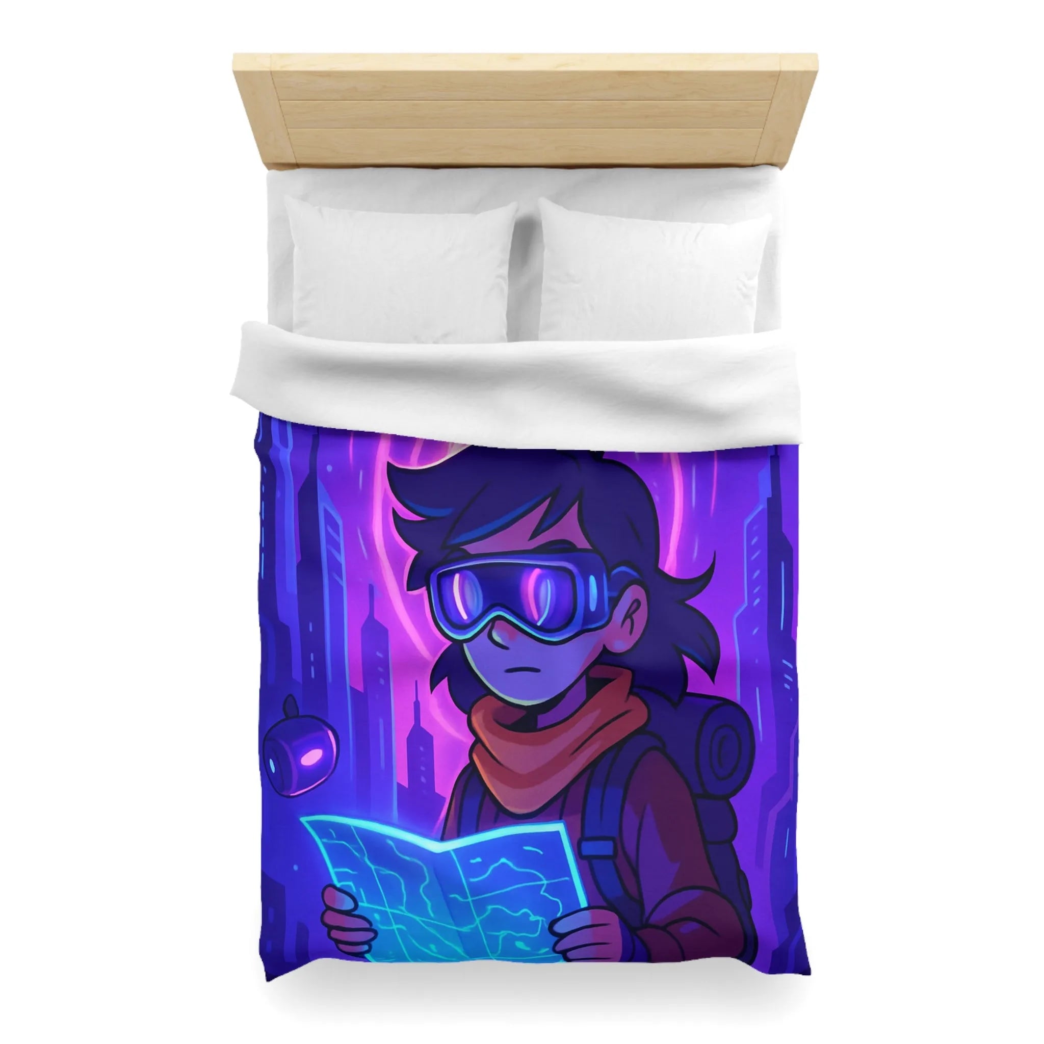 Housse de couette bleue violette style futuriste avec personnage et carte néon