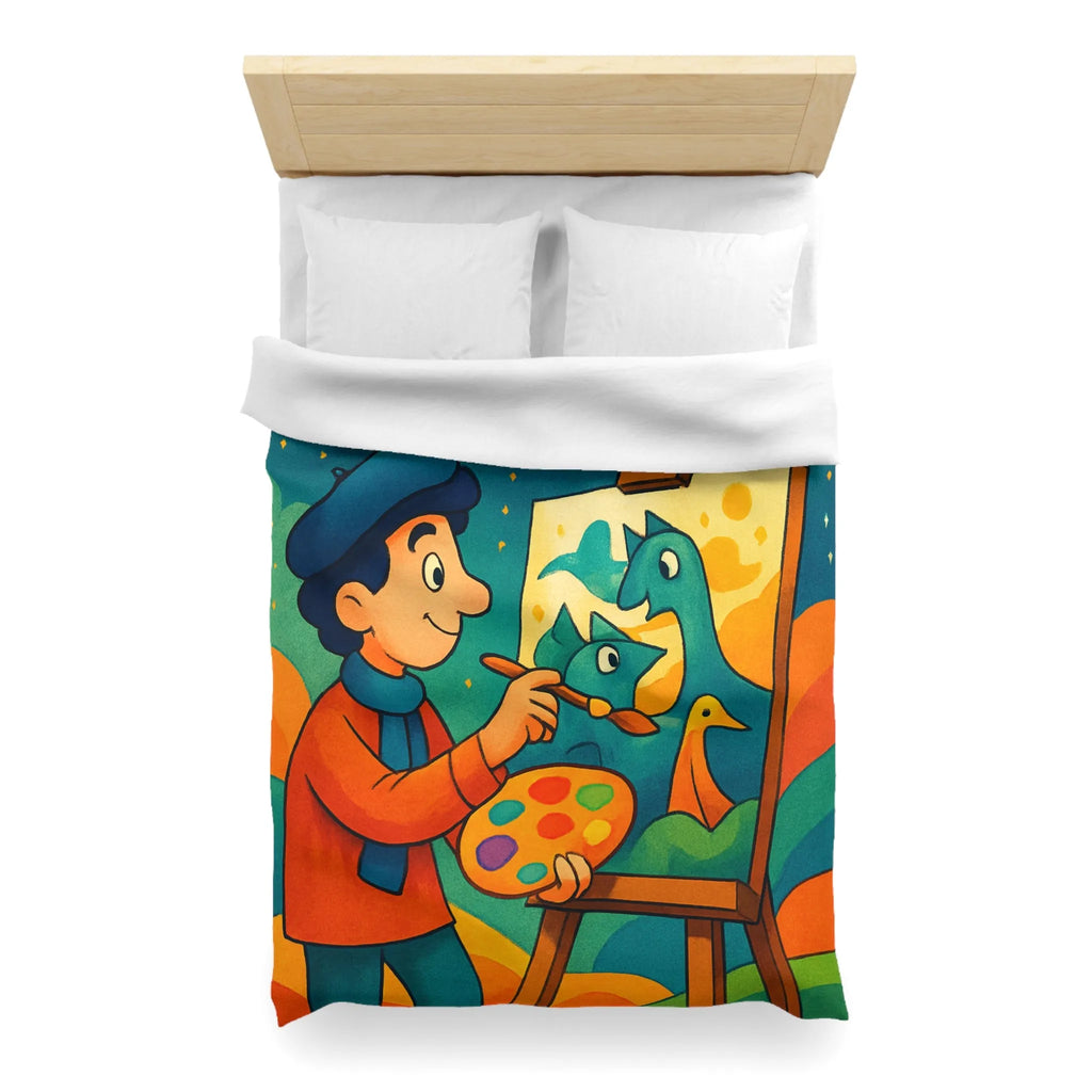 Housse de couette artistique colorée avec peintre et créatures fantaisistes en arrière-plan étoilé