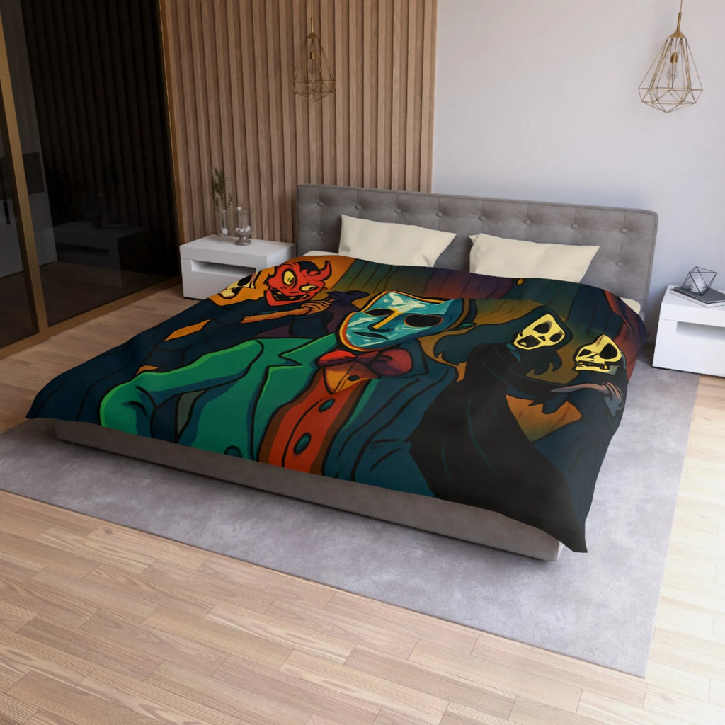 Housse de couette Halloween Bal masqué sombre, masques effrayants, ambiance mystérieuse unique