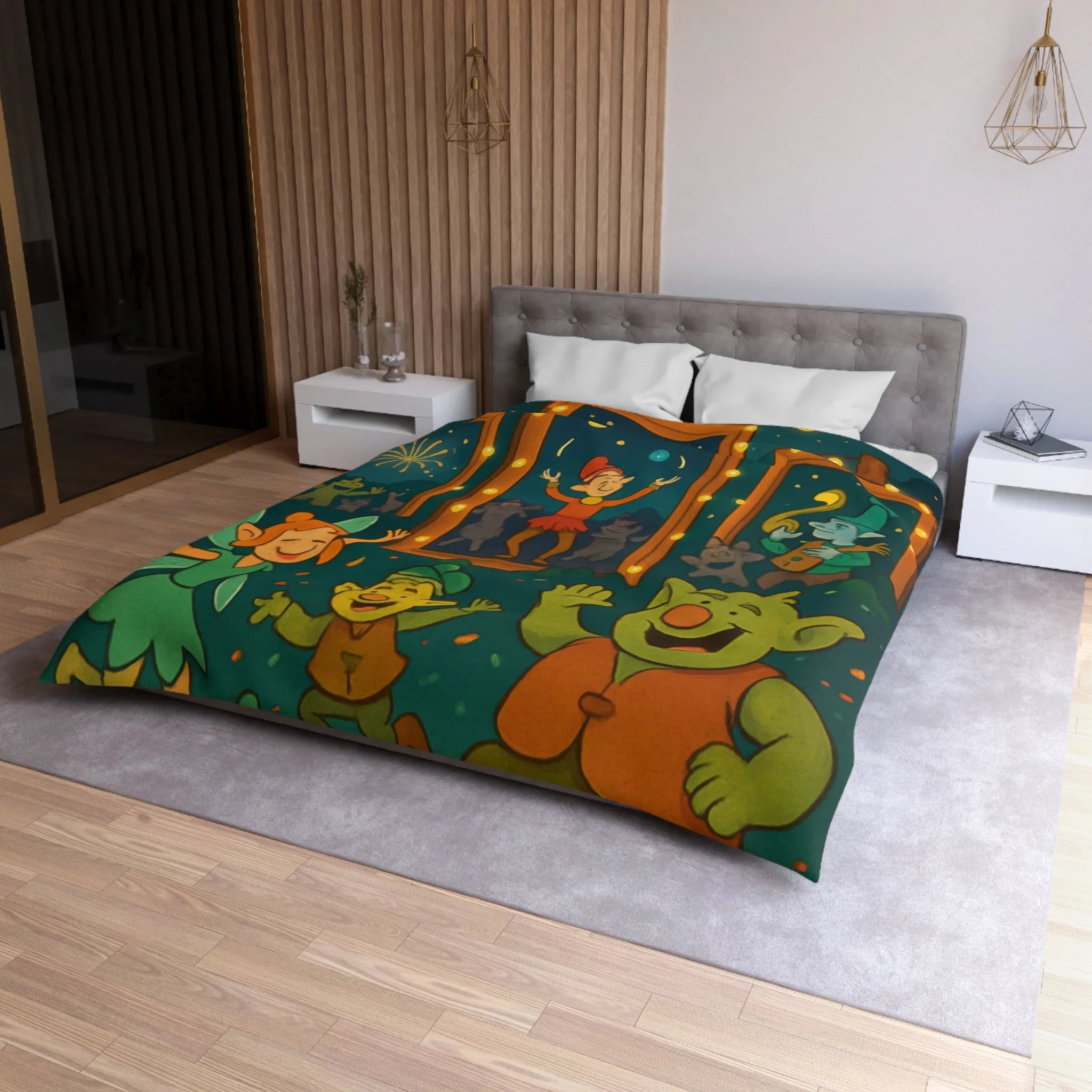 Housse de couette colorée avec lutins dans une fête enchantée sous feux d'artifice