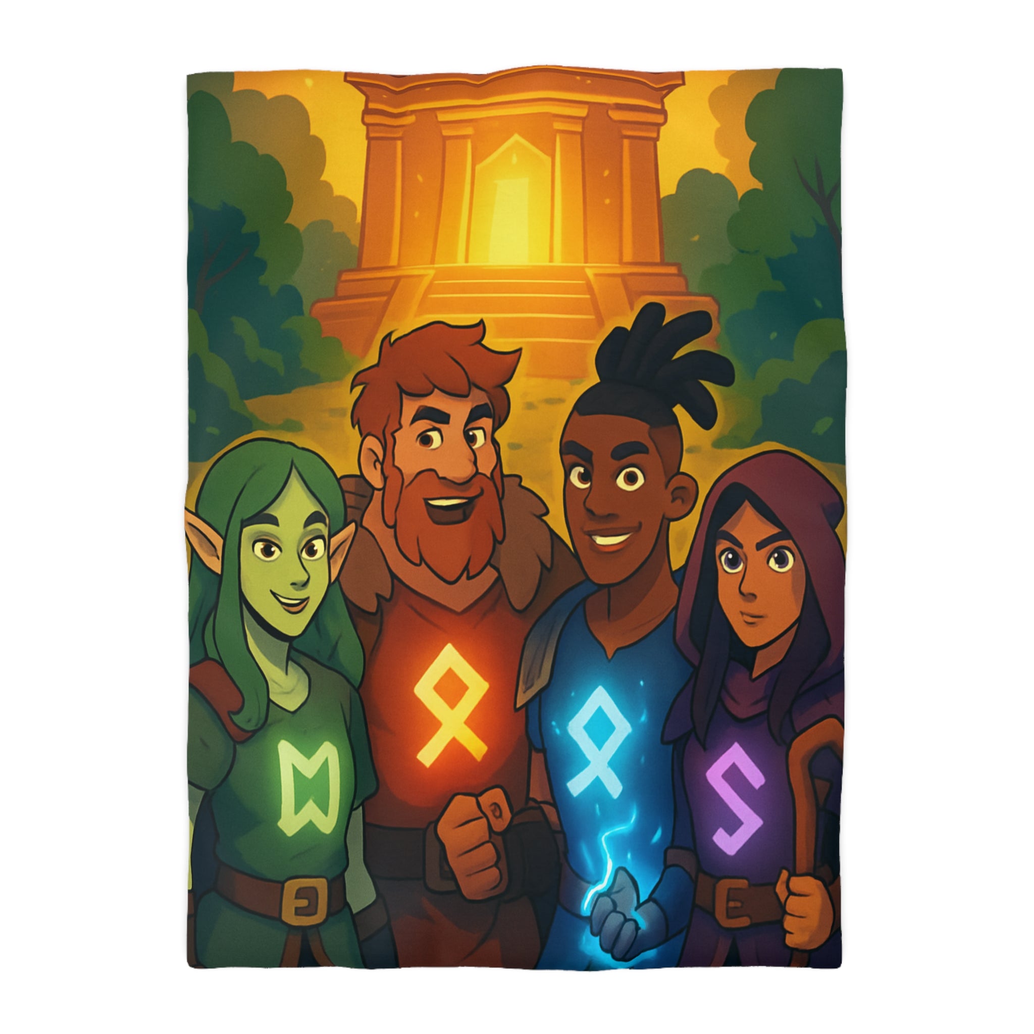 Housse de couette vibrant avec aventure illustrée de quatre héros devant un ancien temple
