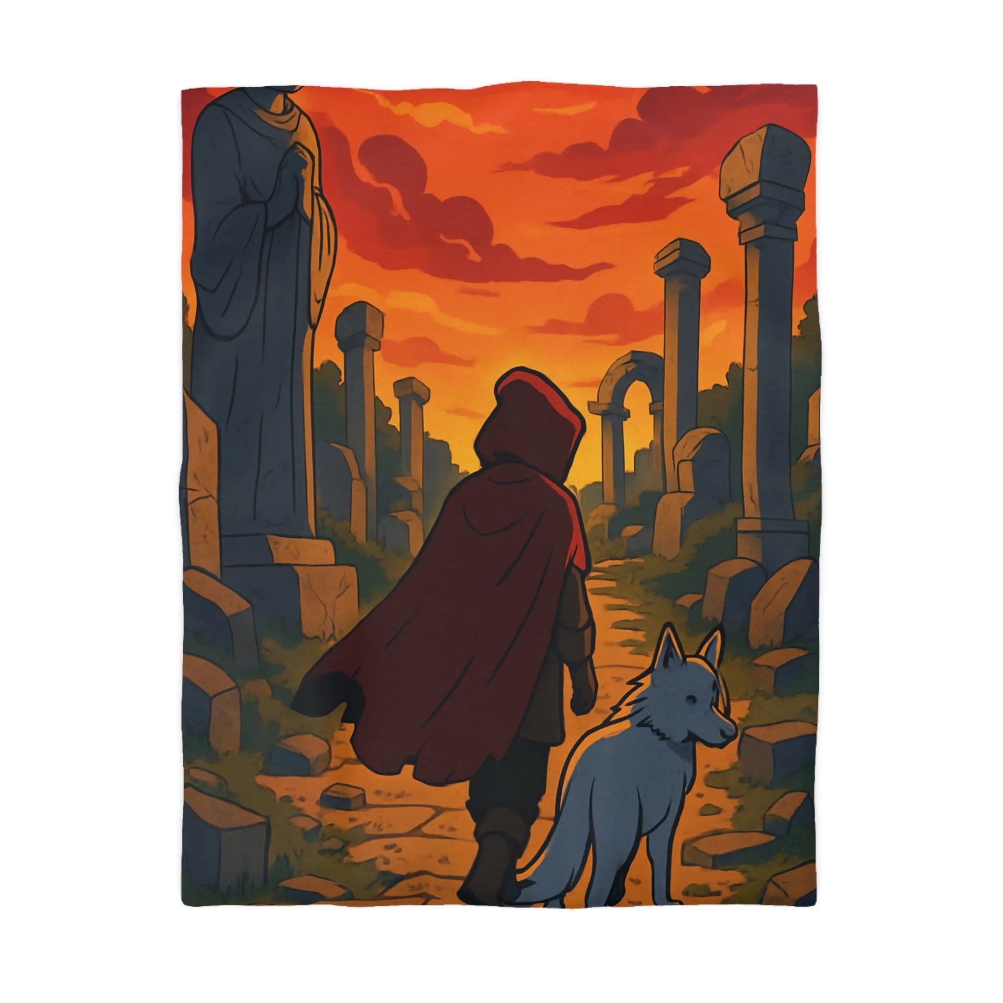 Housse de Couette Enfant Rouge et Blanc, Chemin Énigmatique du Crépuscule, Statue Mystérieuse