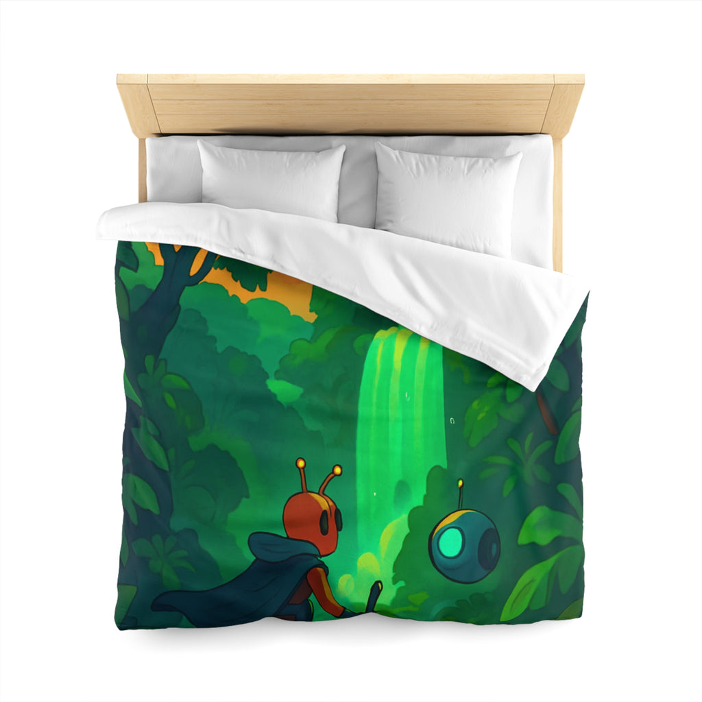 Housse de couette vibrante avec paysage extraterrestre mystérieux et personnage aventurier