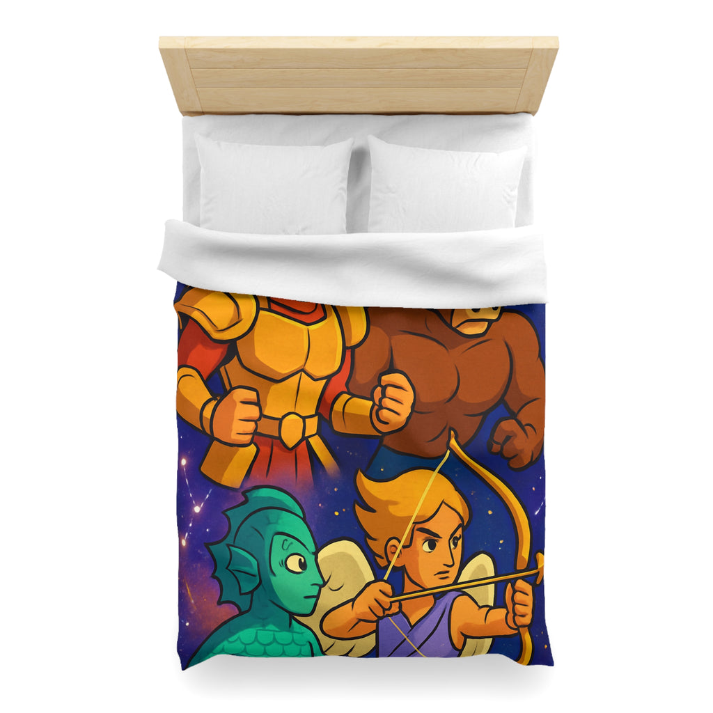 Housse de couette zodiaque illustrée avec chevalier, taureau, ange et créature marine