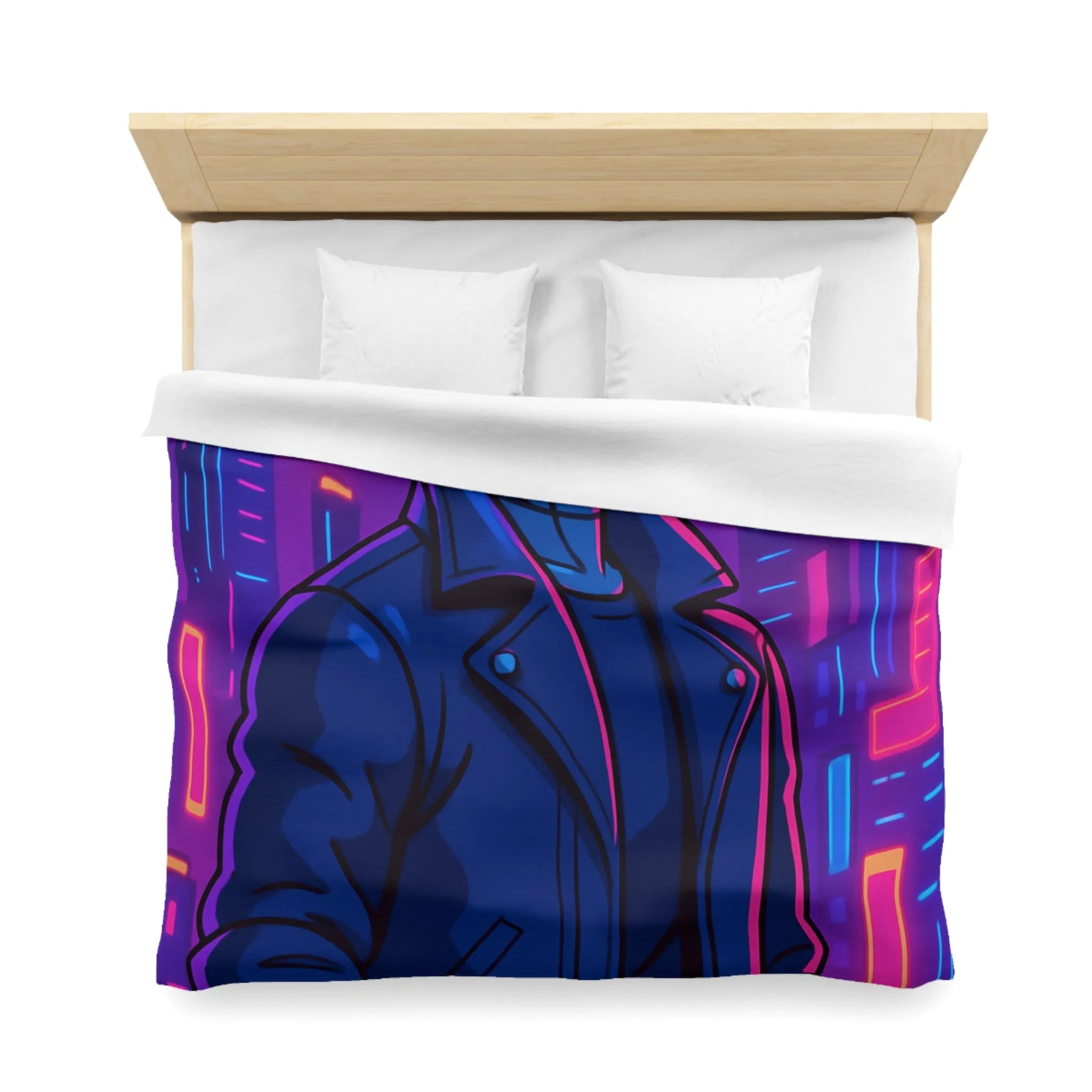 Housse de couette bleu nuit motif rétro-futuriste avec robot et gratte-ciel néon