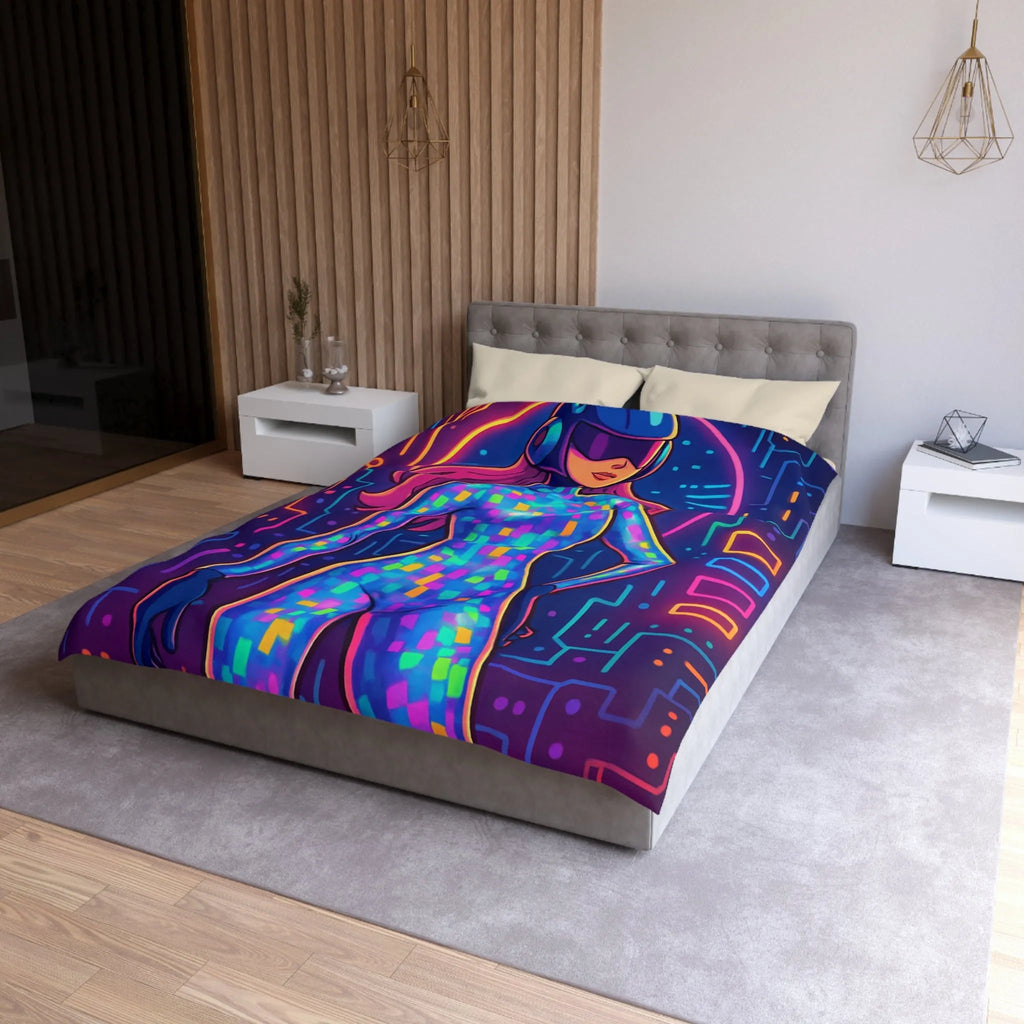 Housse de couette futuriste néon avec motif de femme cyborg colorée et lumineuse