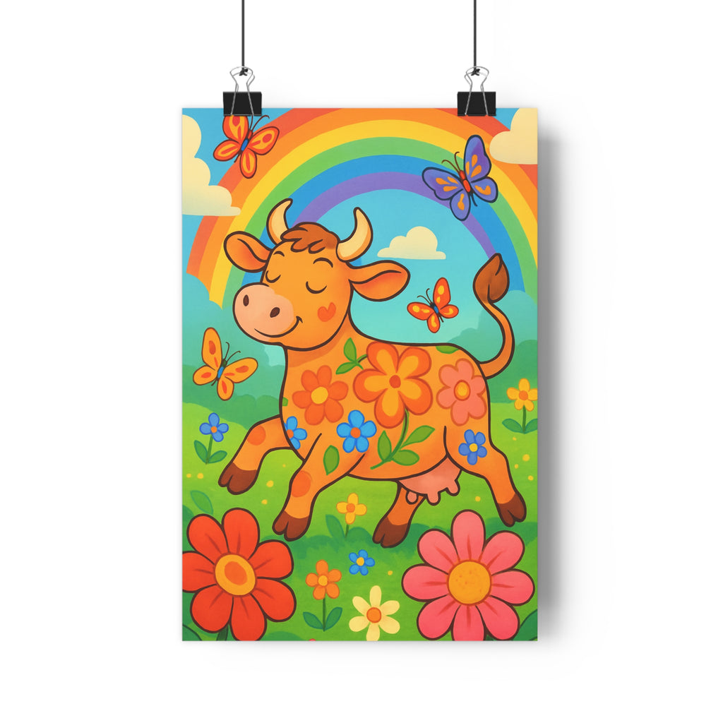Poster décoratif cartoon joyeux coloré vache enfant fleur papillon arcenciel chambre 30x46 magique qualité