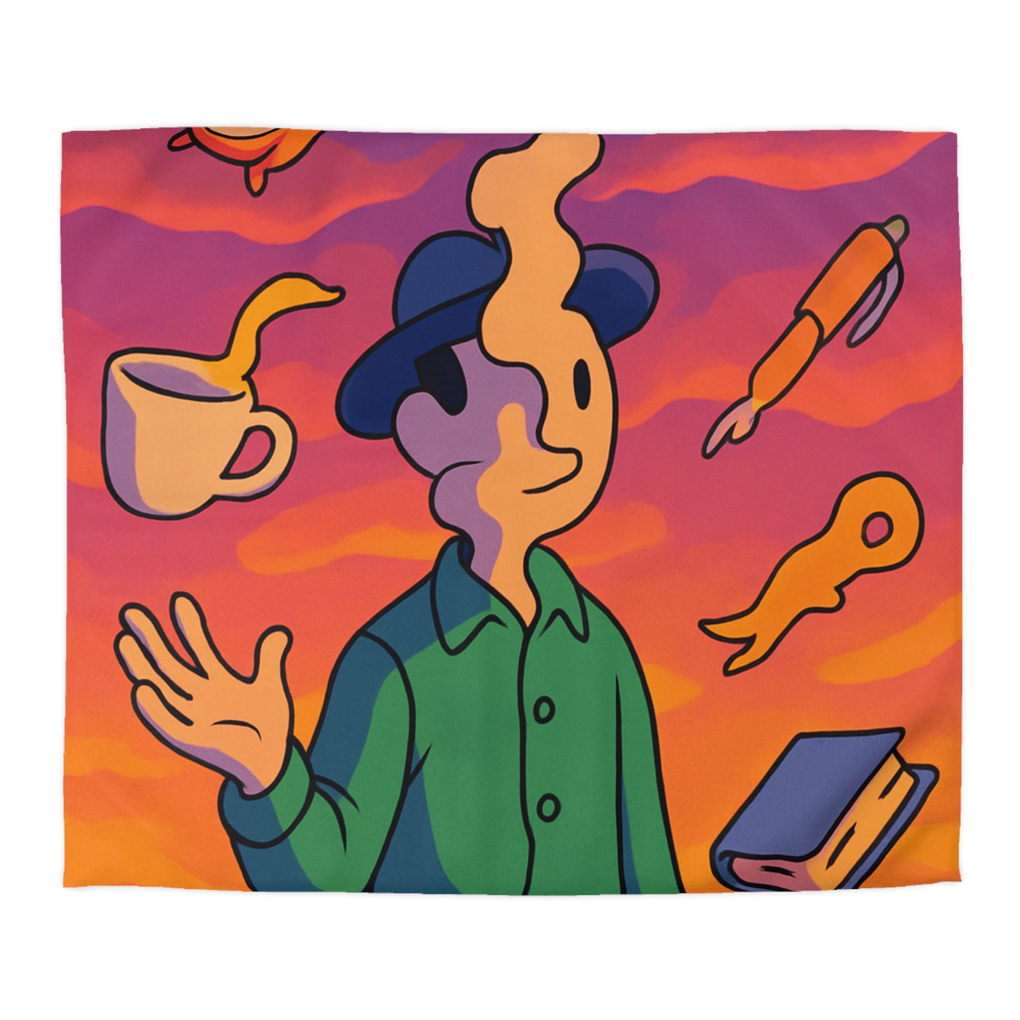 Housse de Couette Unique avec Design Surréaliste et Éléments Symboliques Vifs et Colorés