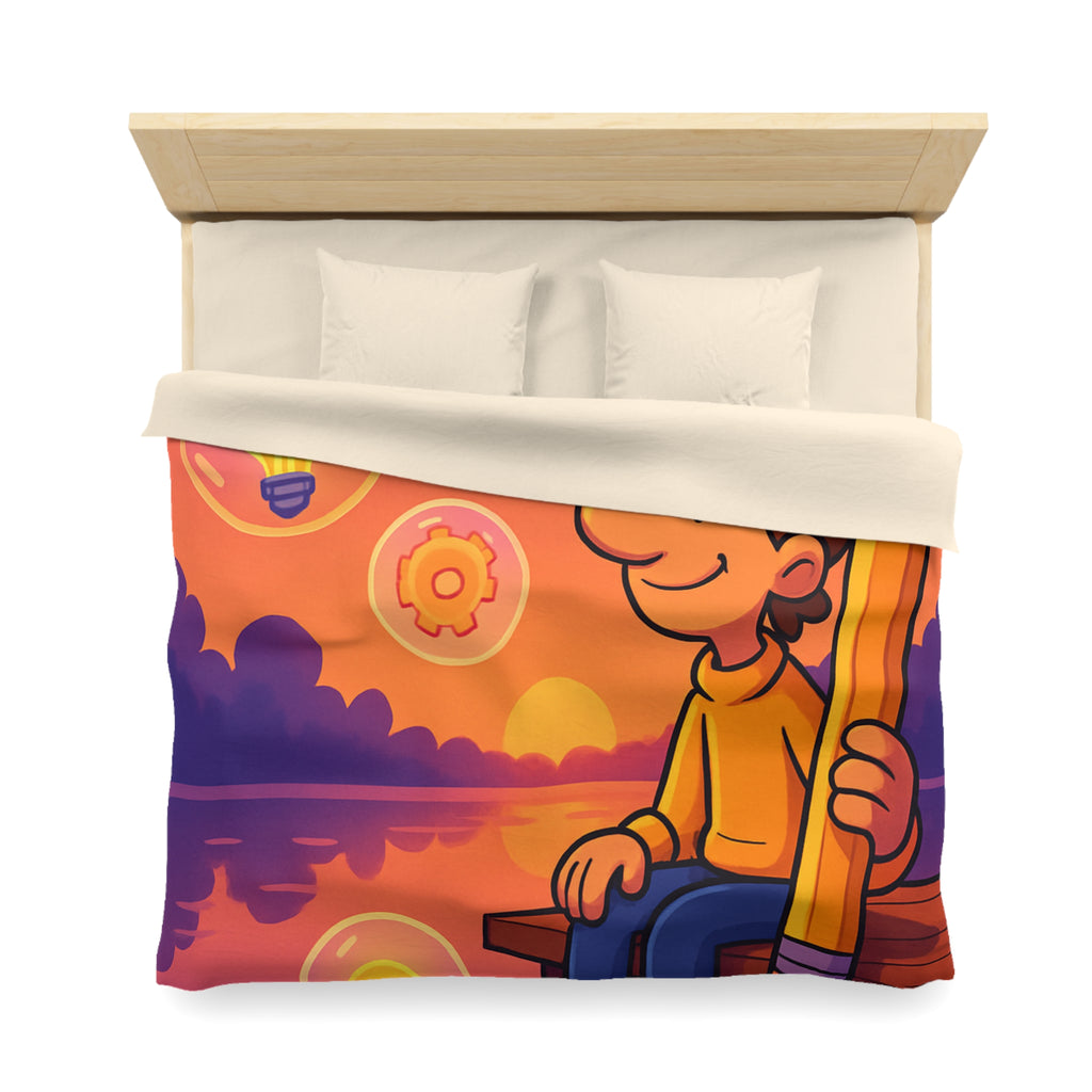 Housse de Couette Créative Avec Personnage Dessinant au Couchant et Ampoules Inspirantes