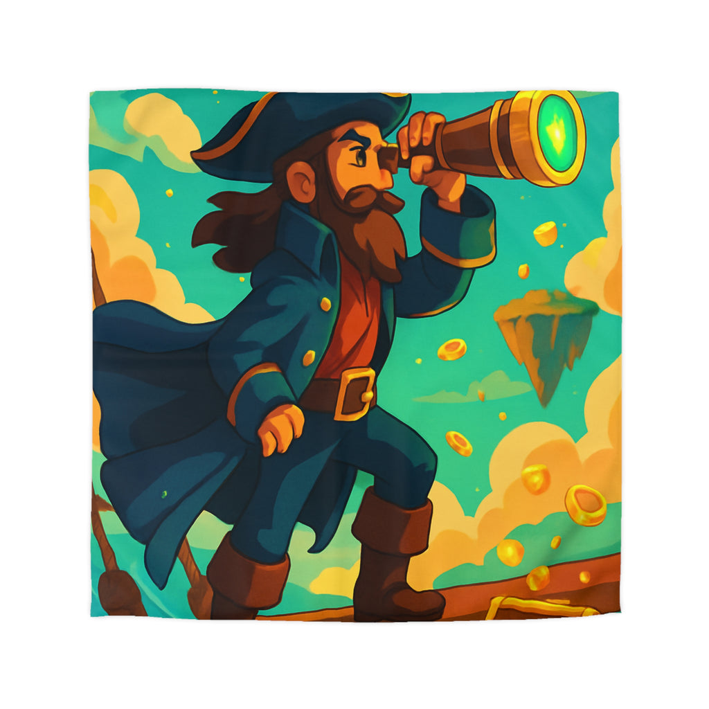 Housse de couette pirate vibrant bleu avec trésor doré et nuages flottants