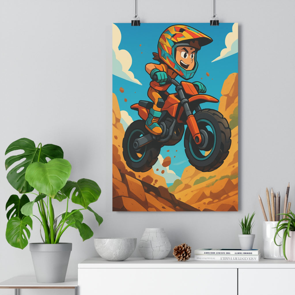 Poster décoratif cartoon motocross montagne aventure chambre enfant dynamique orange bleu style énergique moderne