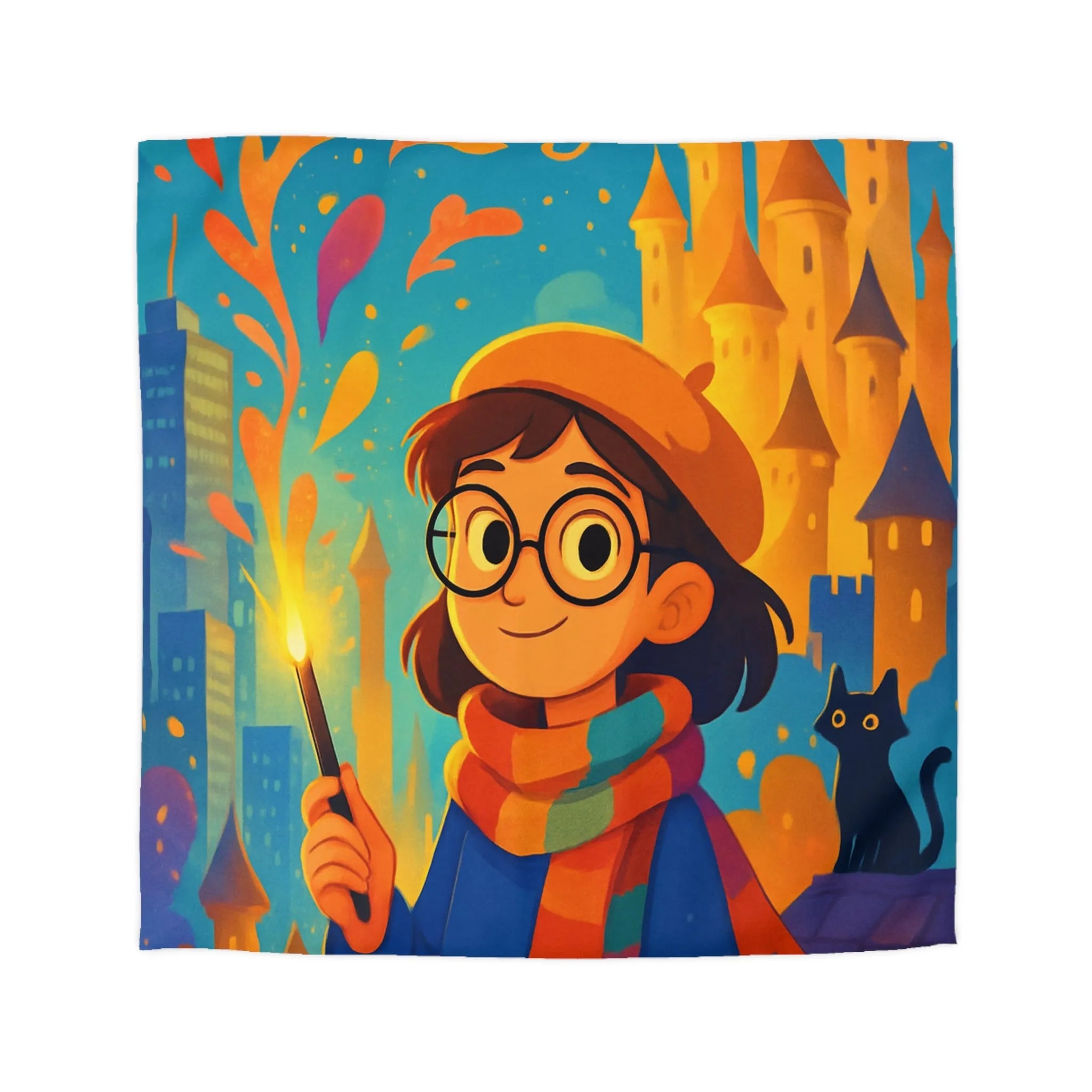 Housse de Couette Éclatante: Jeune Magicienne aux Couleurs Vives et Château Mystérieux