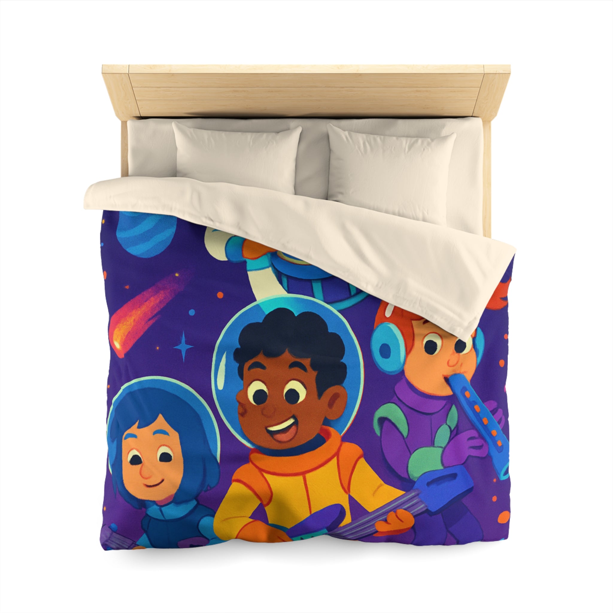 Housse de couette spatiale colorée avec enfants musiciens et planètes virevoltantes