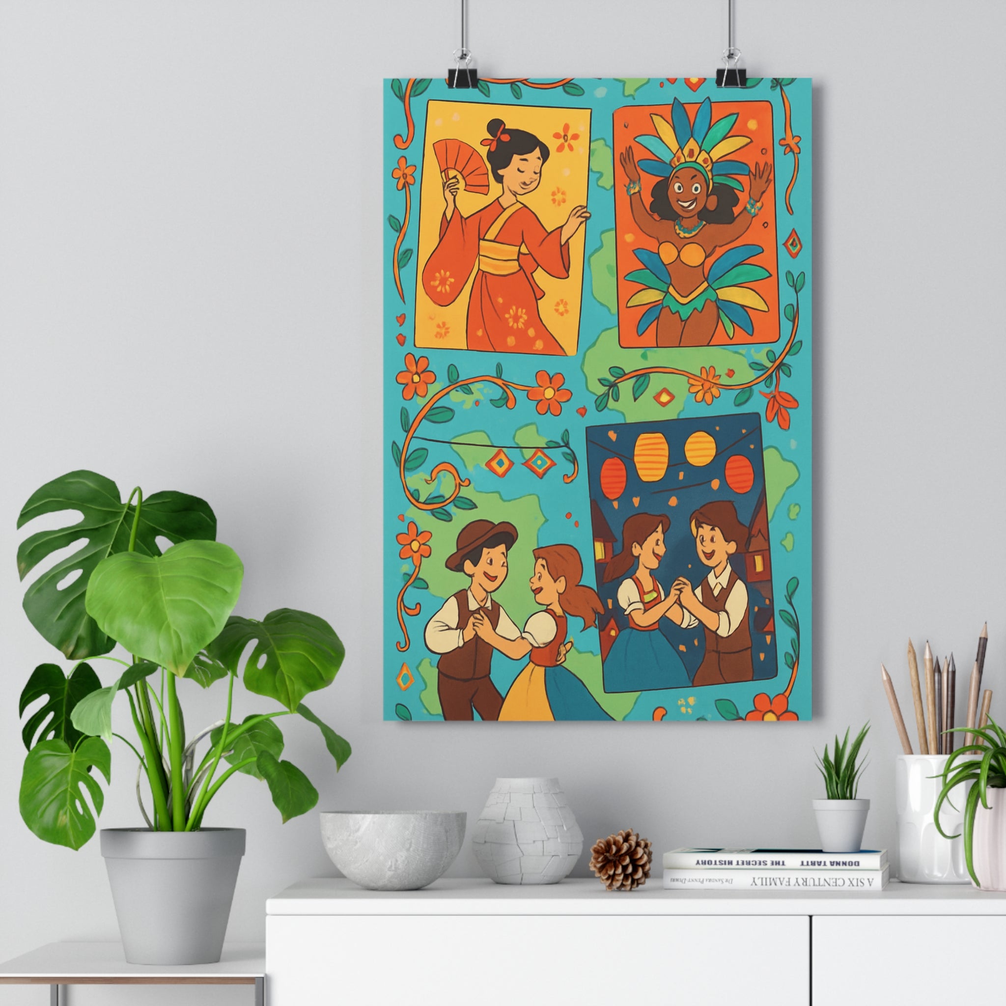 Poster décoratif vibrant couleurs orange joyeux salon moderne kimono carnaval danse motifs culturels traditionnels