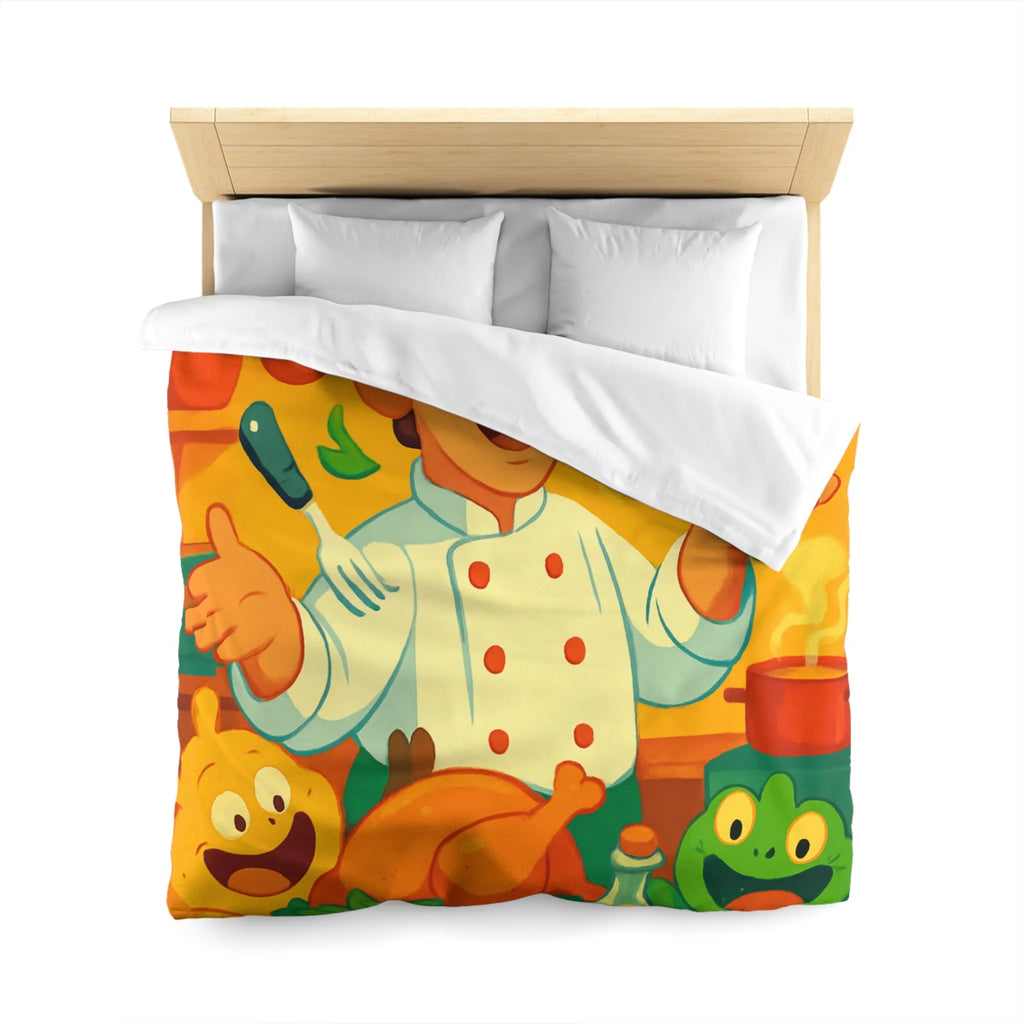 Housse de couette colorée avec chef animé, légumes et ustensiles pour enfants