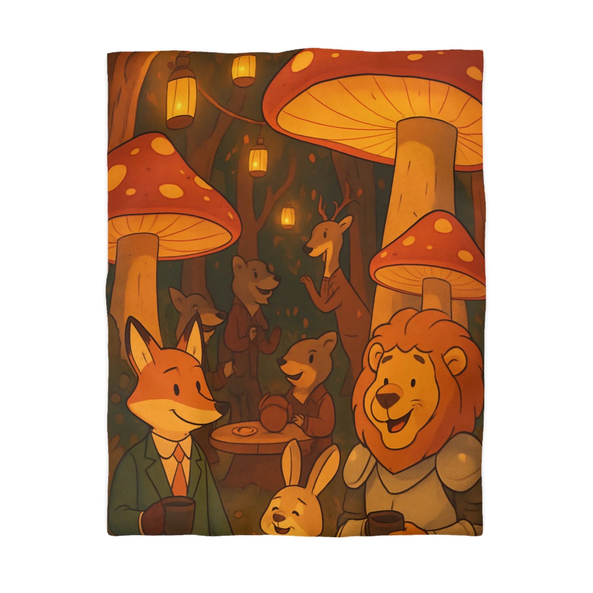 Housse de couette enchantée avec animaux sous champignons géants dans une forêt magique