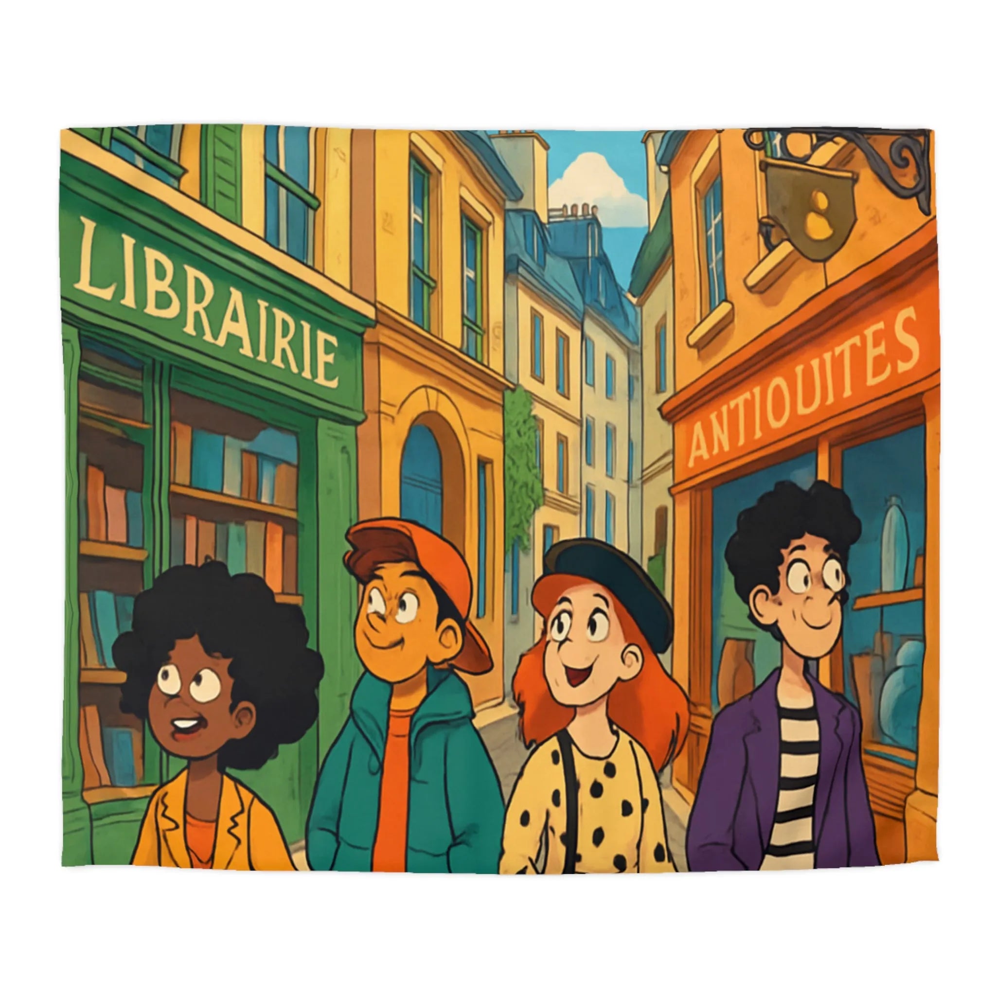 Housse de couette élégante avec design de rue parisienne animée et jeunes explorateurs