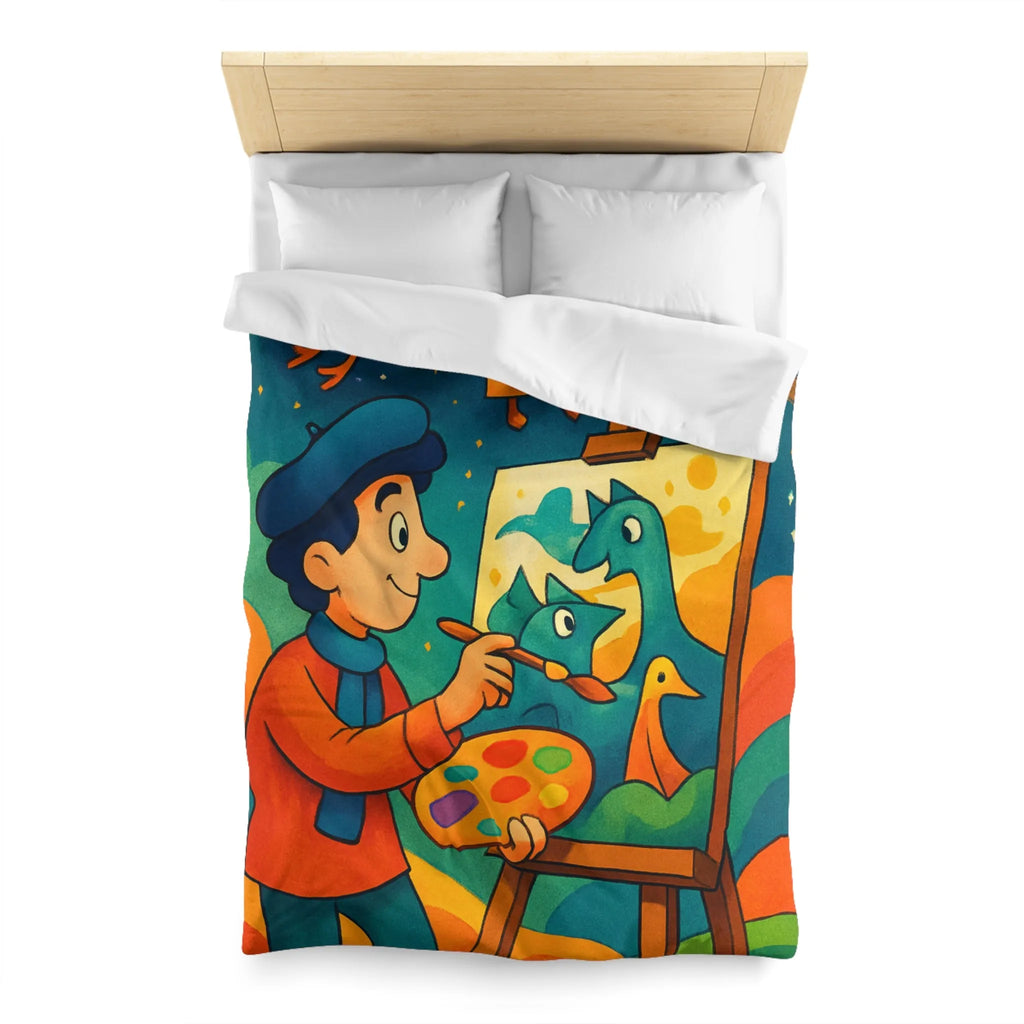 Housse de couette artistique colorée avec peintre et créatures fantaisistes en arrière-plan étoilé