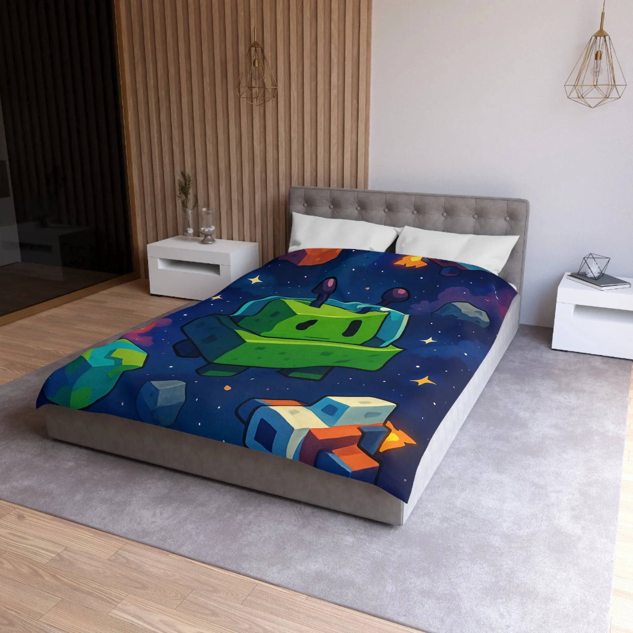 Housse de Couette Cosmos mignon extraterrestre vert cubique et planètes pixelisées