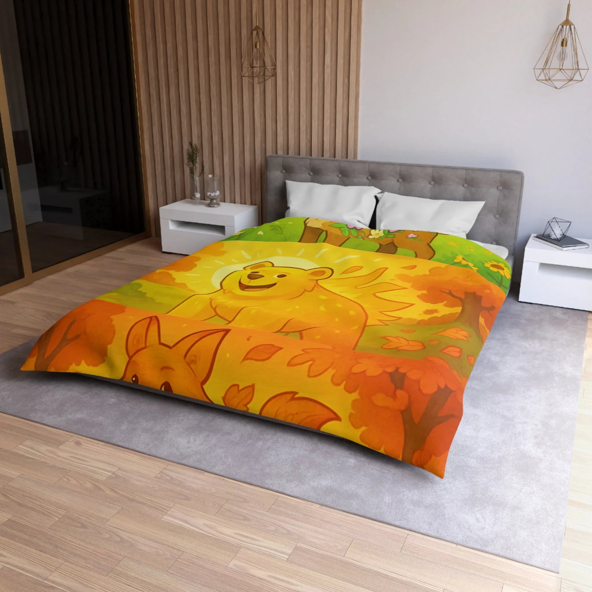 Housse de couette enchantée avec cerf, ours et renard en couleurs vives saisonnières