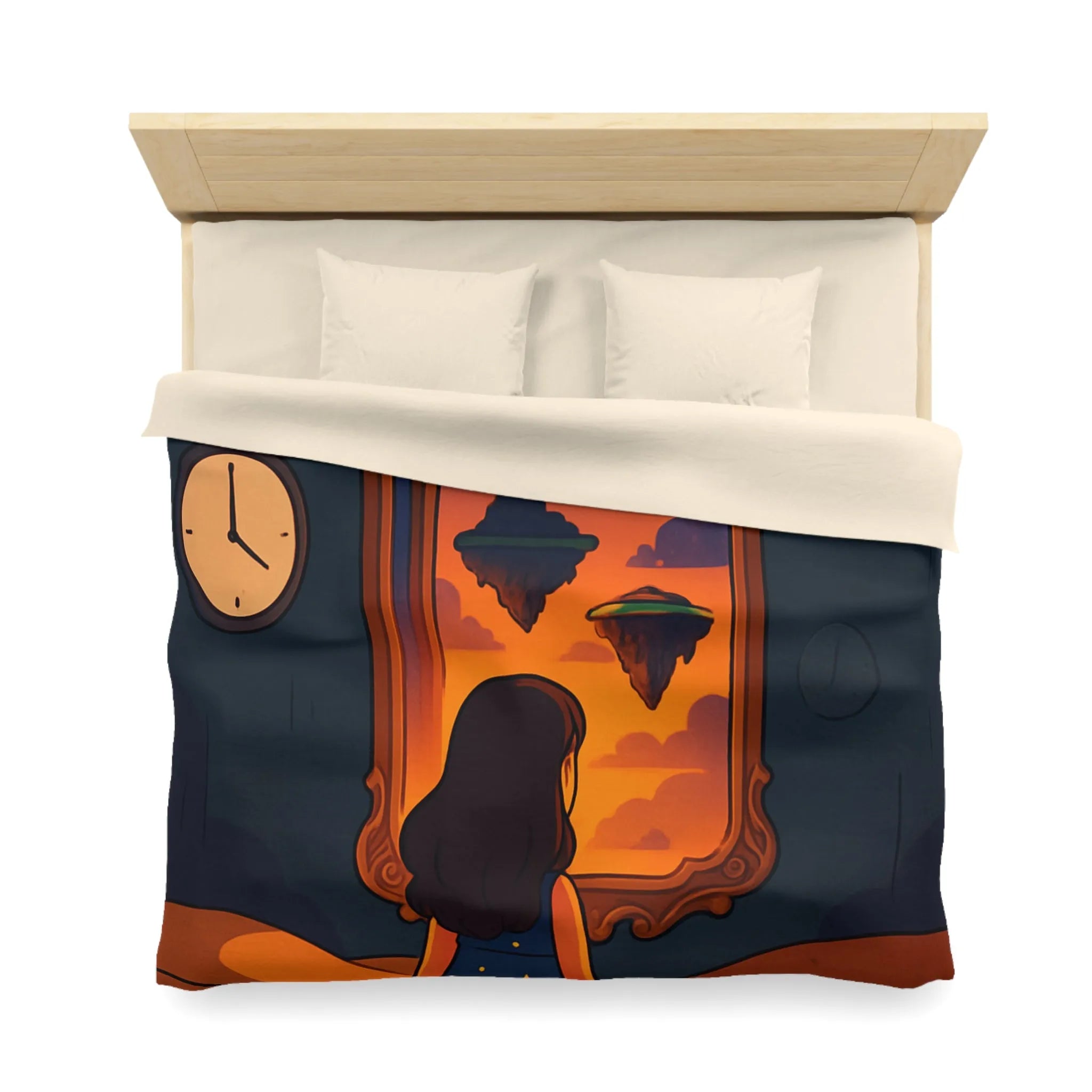 Housse de couette magique: paysage flottant, horloges rêveuses et fille contemplative