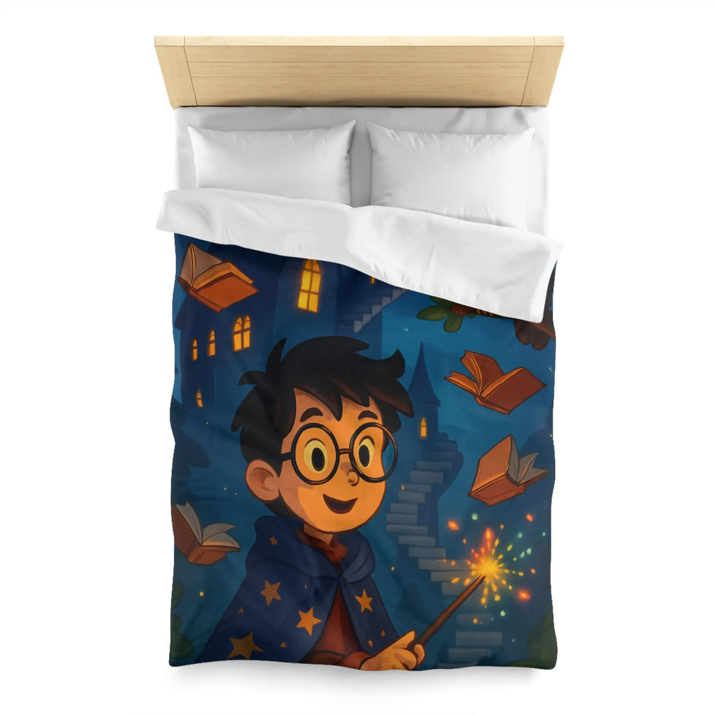 Housse de couette magique avec sorcier, hibou, château et livres enchantés étoiles