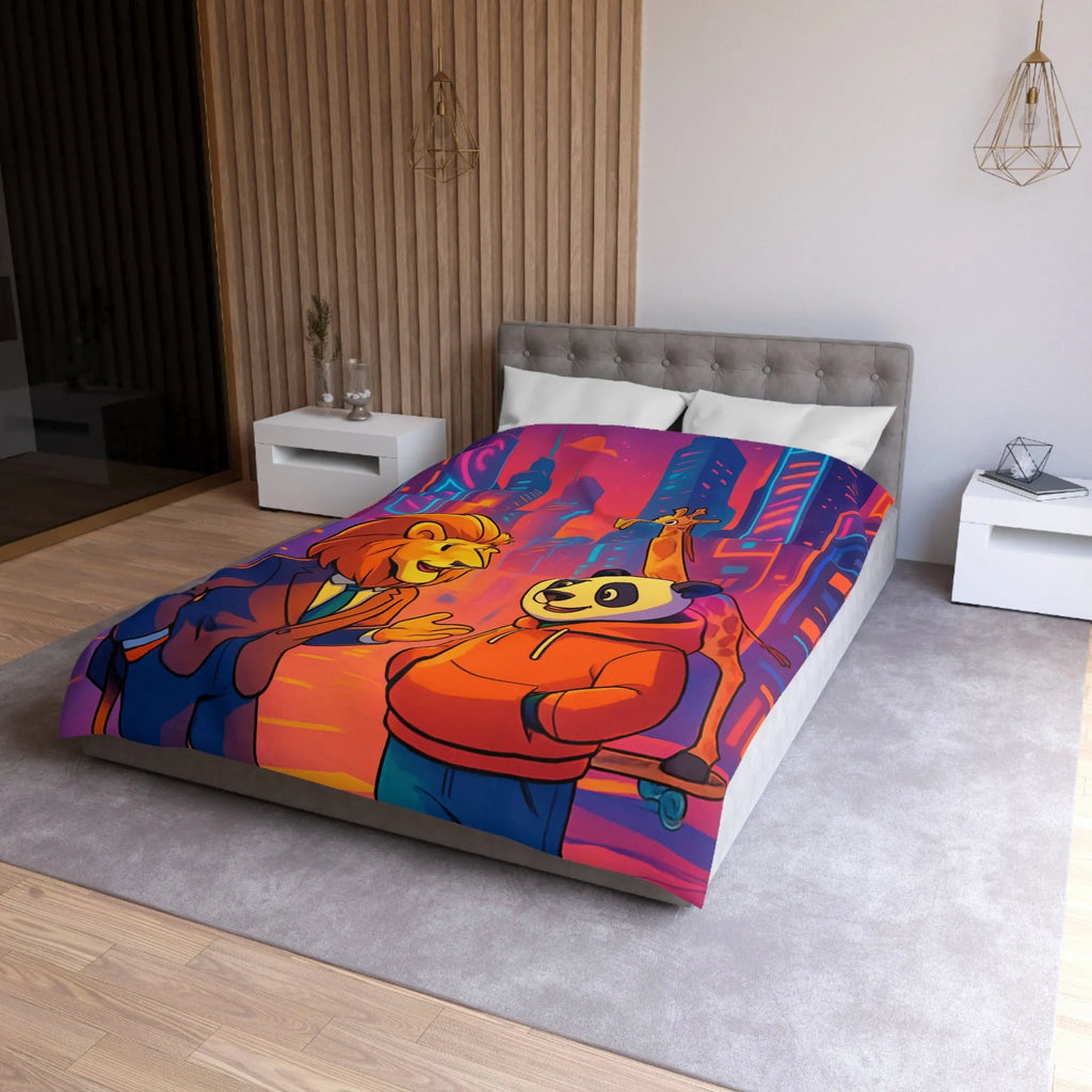 Housse de couette colorée avec lion et panda en costume urbain de ville futuriste