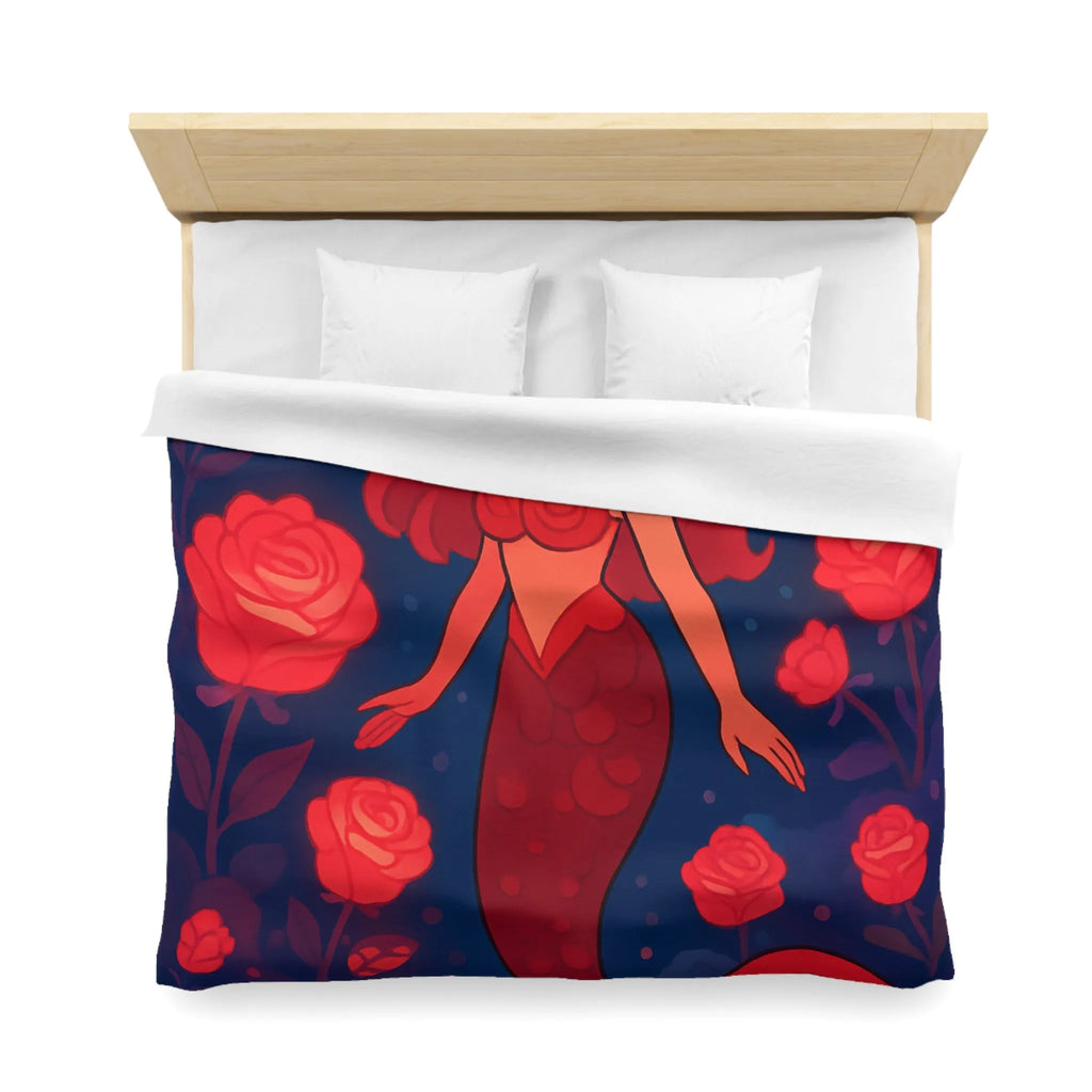 Enchantante scène de sirène rouge entourée de roses lumineuses et poissons fascinants