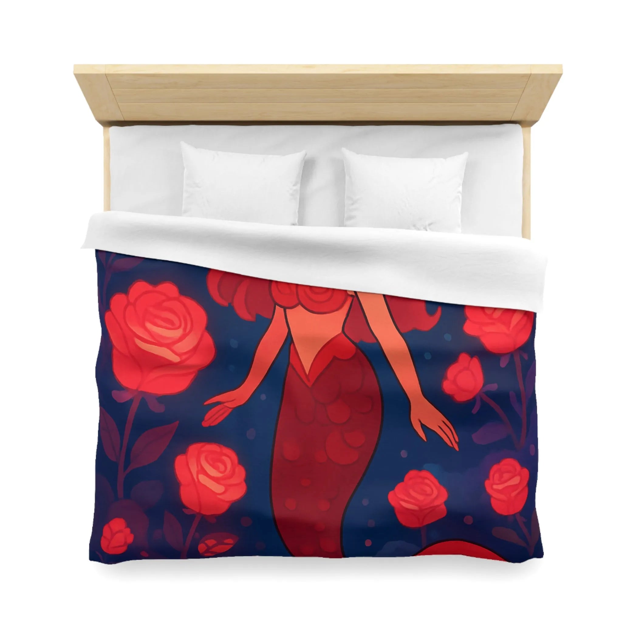 Enchantante scène de sirène rouge entourée de roses lumineuses et poissons fascinants