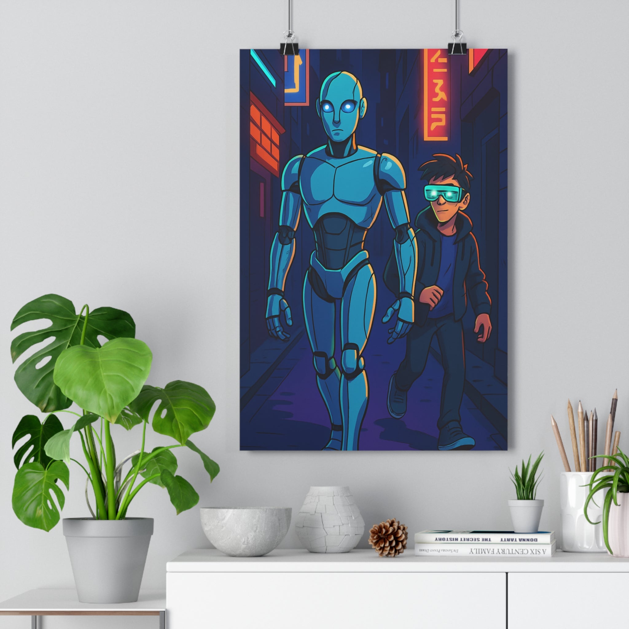 Poster décoratif futuriste bleu orange cyberpunk chambre bureau robot garçon lumineux néons captivant 30x46