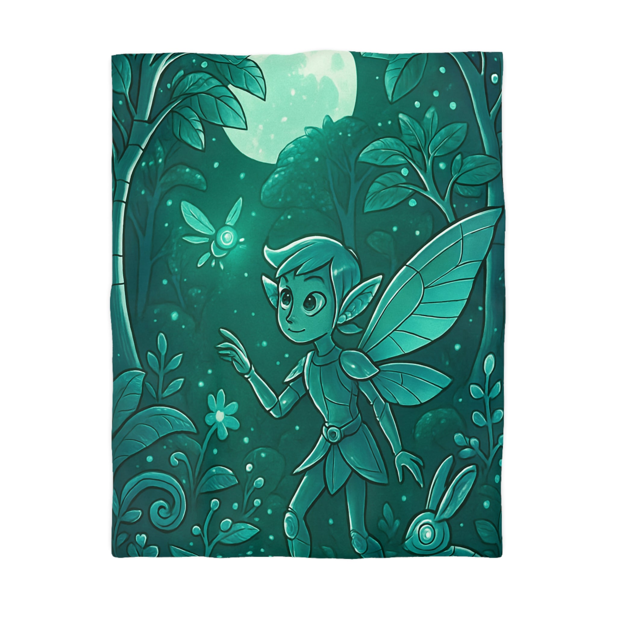 Housse de couette verte magique avec fée, papillon et forêt enchantée, ambiance nocturne