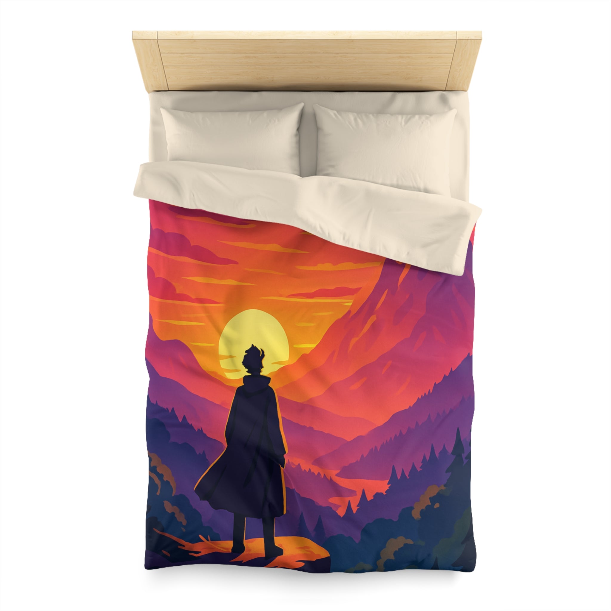 Housse de couette montagnes coucher de soleil silhouette homme paysage artistique vibrant