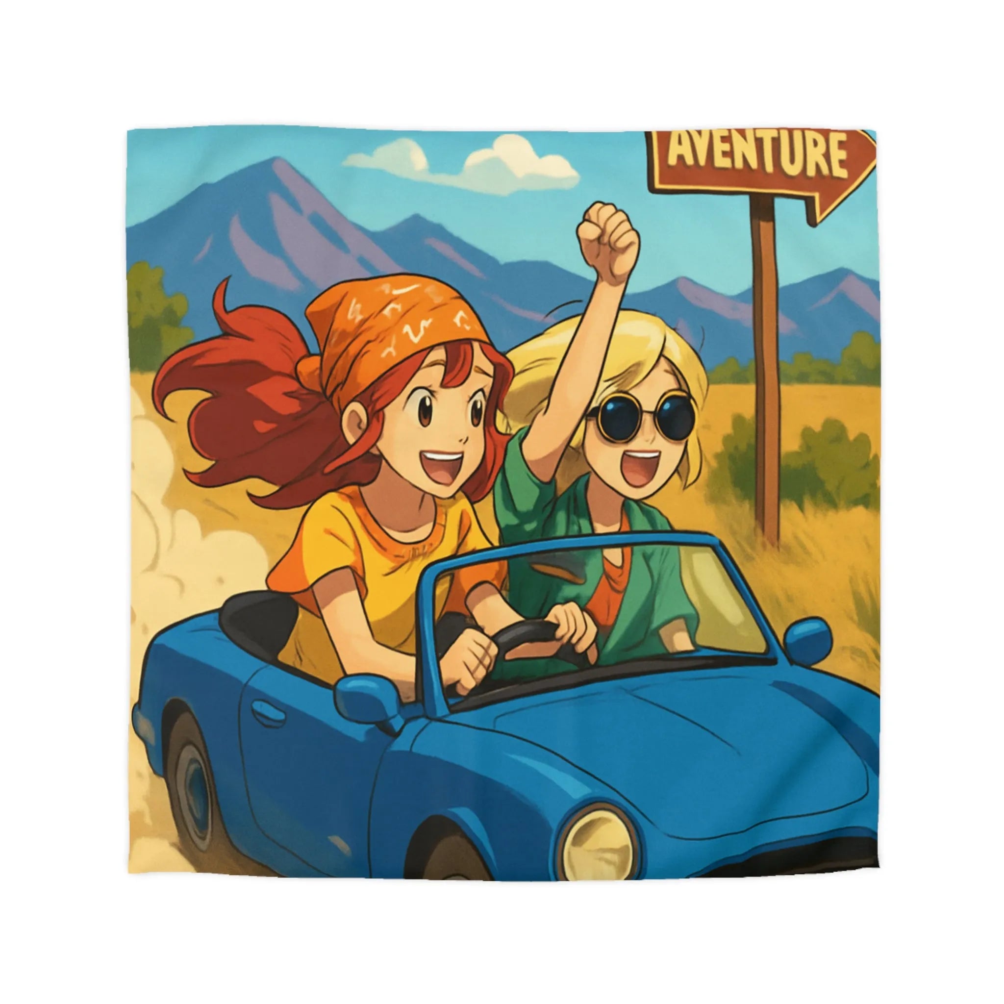 Housse de couette colorée avec scène de route en montagne et amis joyeux