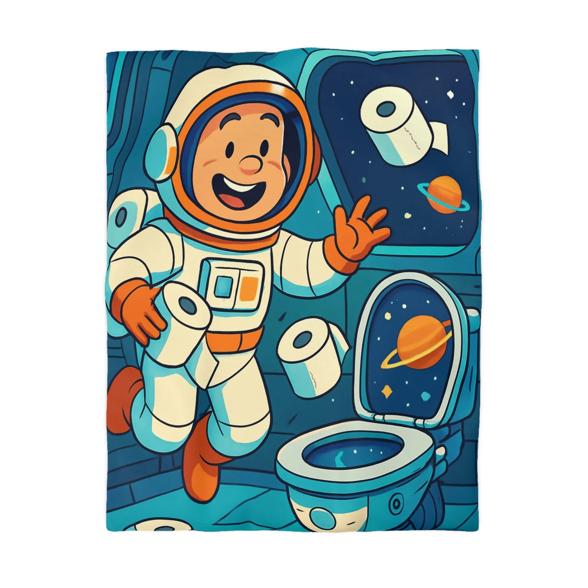 Housse de couette avec astronaute joyeux en cabine spatiale avec rouleaux flottants