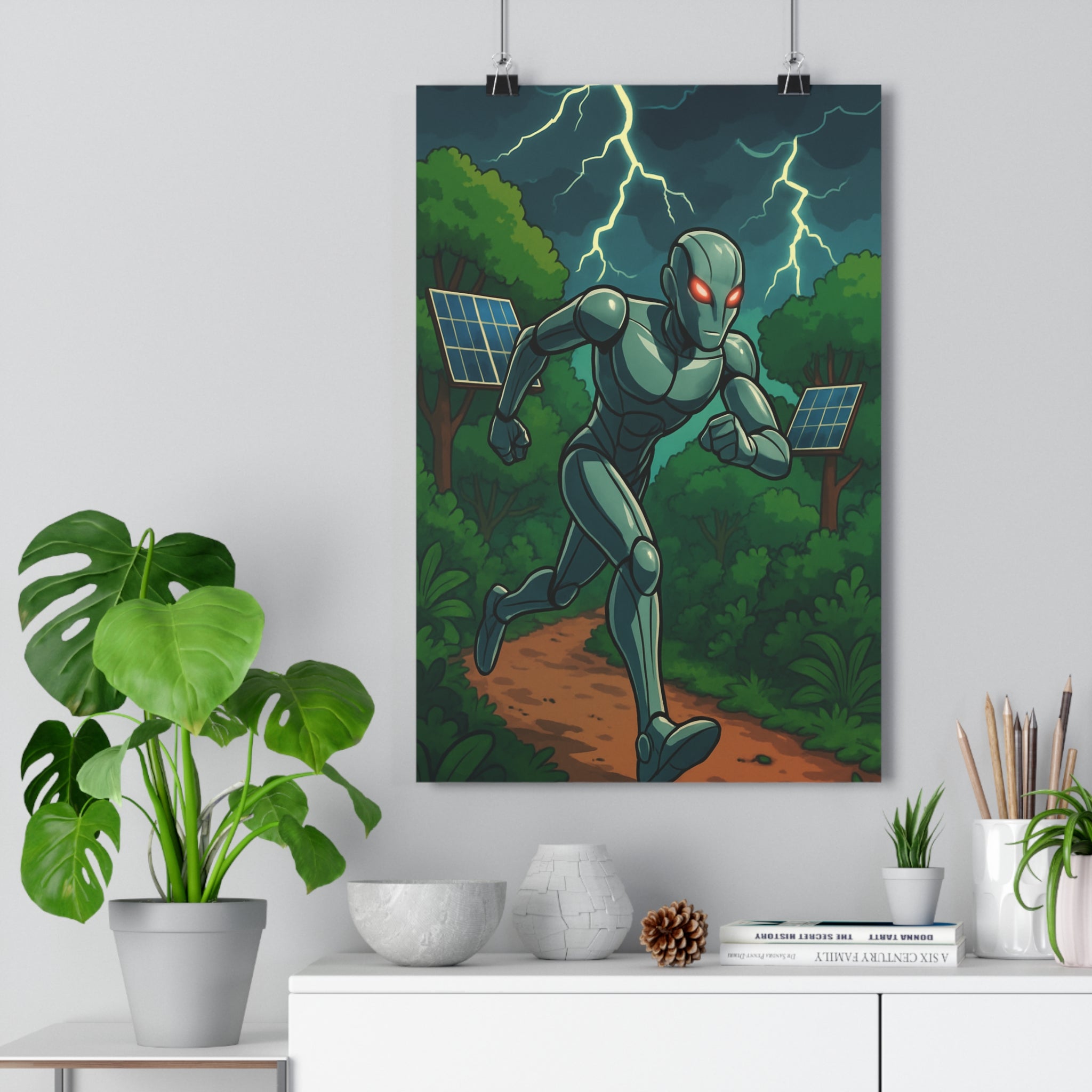Poster décoratif futuriste vert gris moderne manga dynamique écolo salon bureau art aventure action