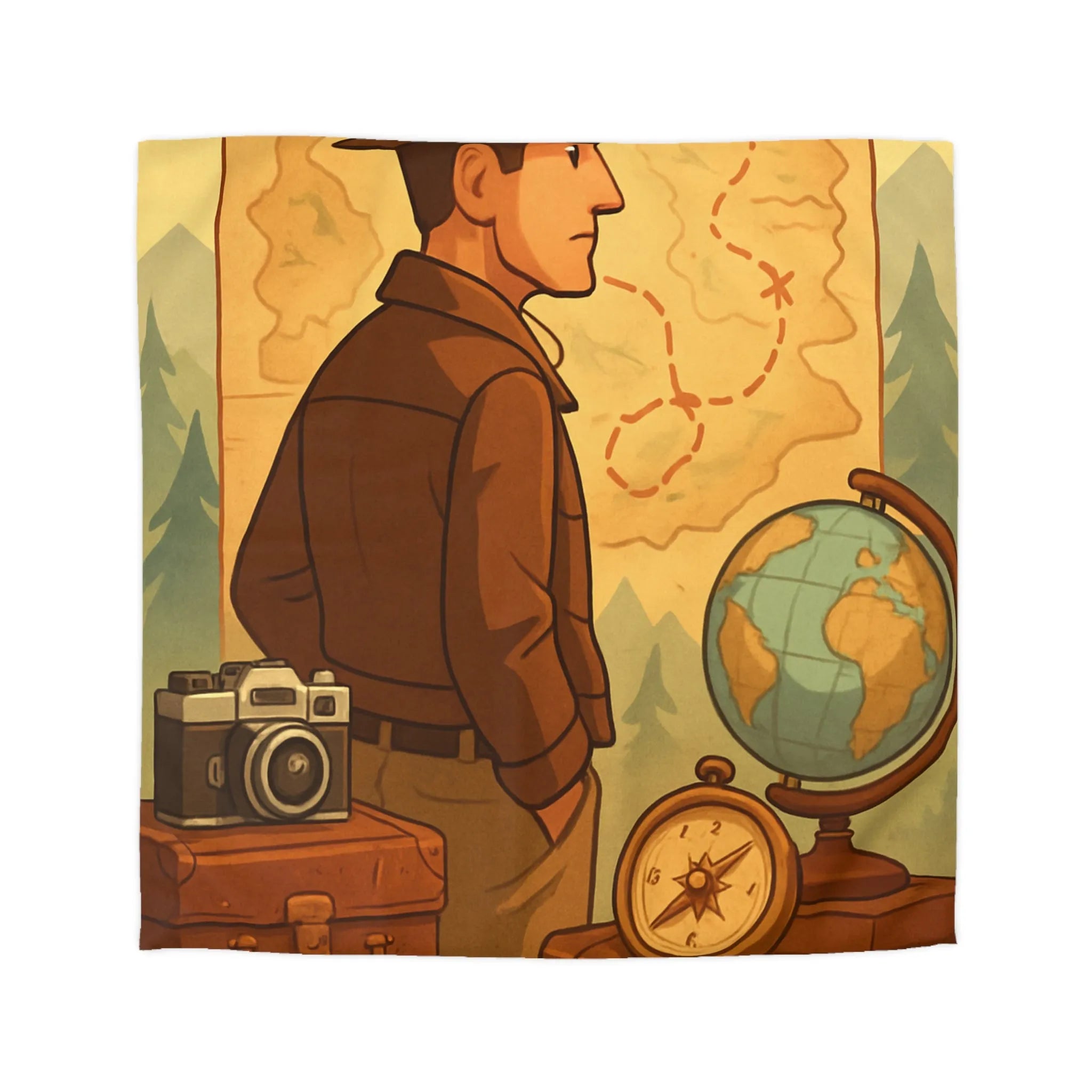 Housse de couette aventure vintage avec explorateur, cartes au trésor et globe illustré
