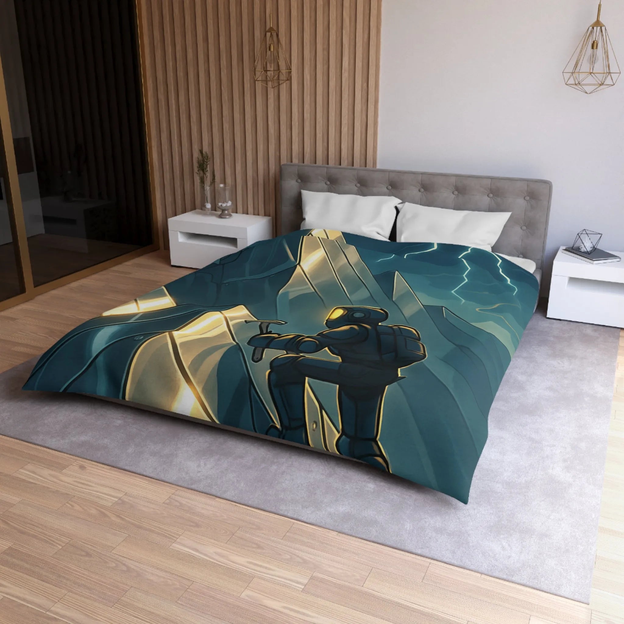 Housse de couette futuriste avec alpiniste et montagnes sous orage électrique