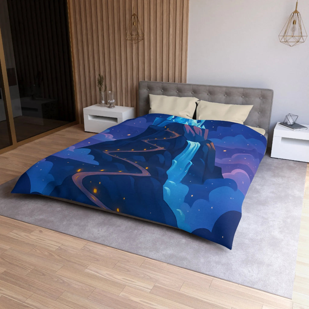Housse de couette avec château glacé sur montagne illuminée sous ciel étoilé féerique