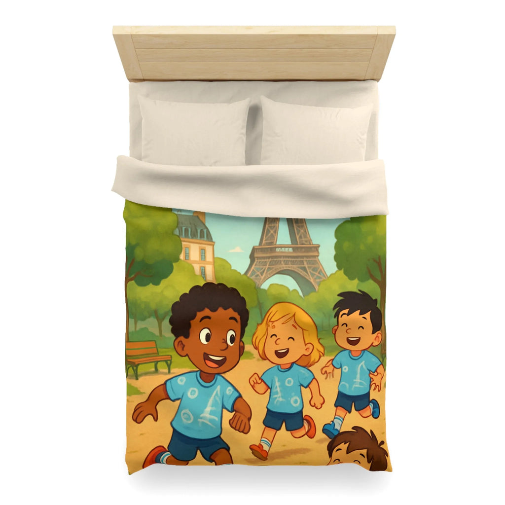 Housse de couette enfant avec tour iconique et cerfs-volants colorés en arrière-plan