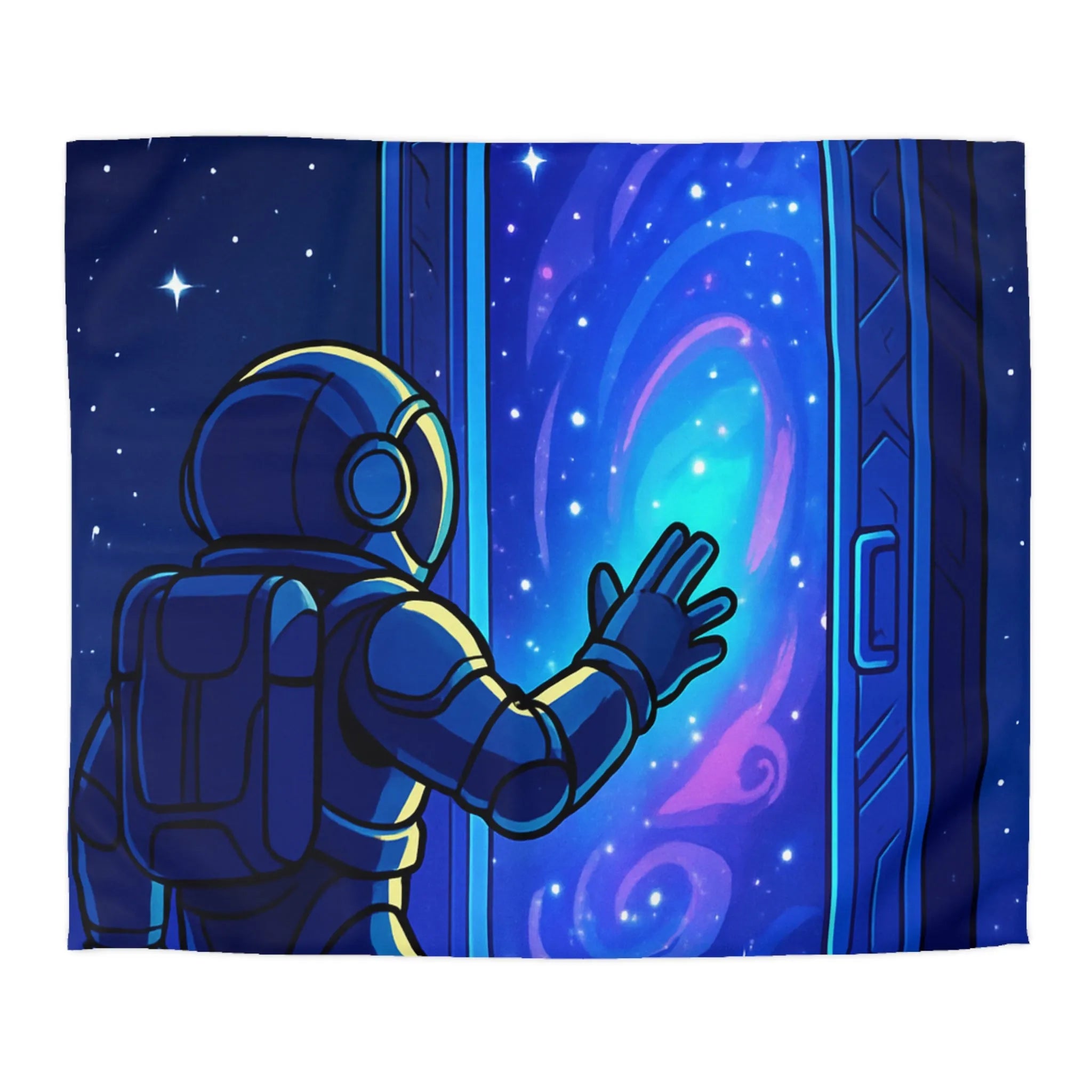 Housse de couette astronaute explorant une porte cosmique vers une galaxie colorée mystérieuse
