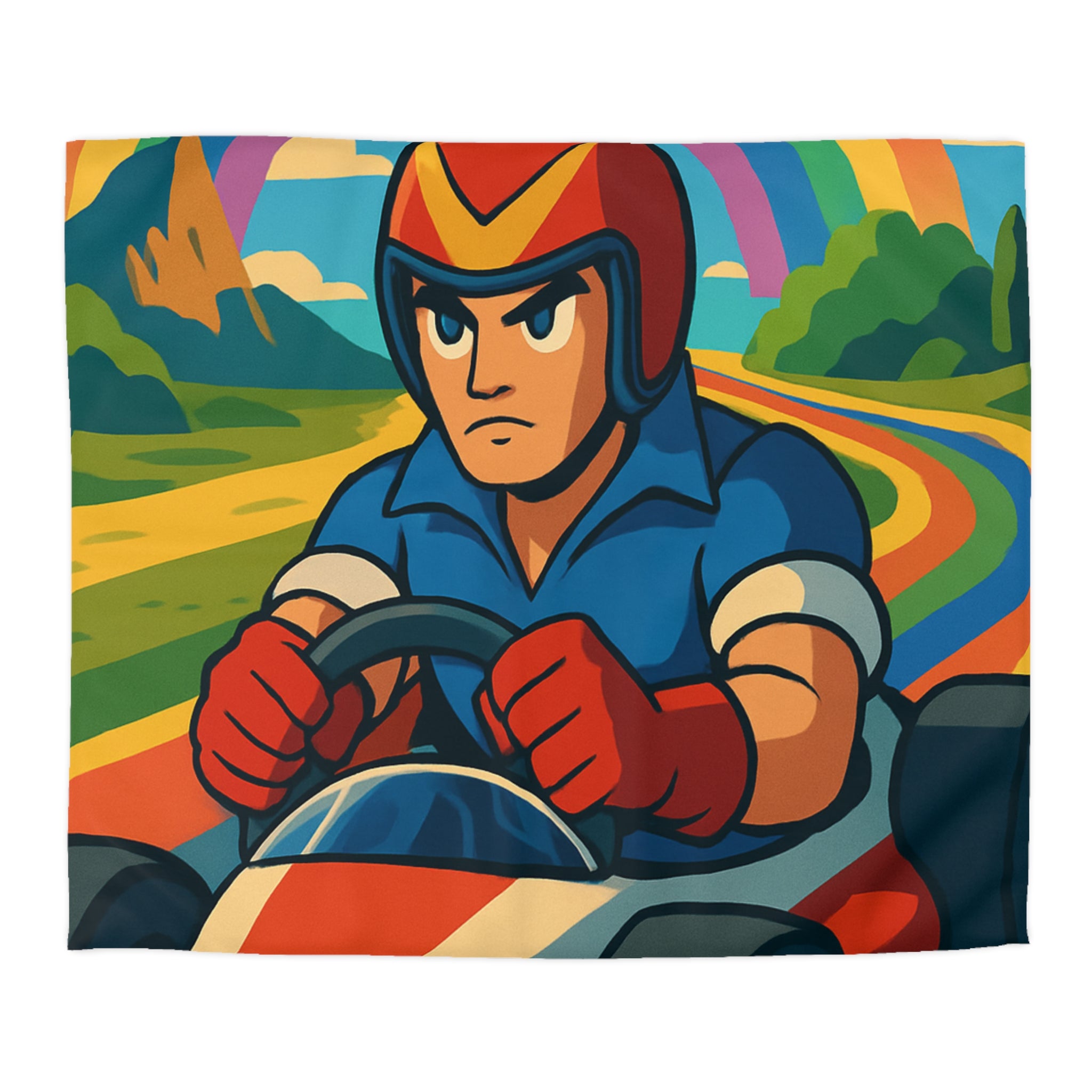 Housse de couette rétro colorée avec pilote de karting sous un arc-en-ciel vibrant