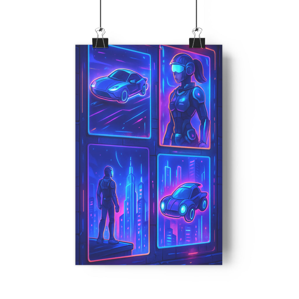 Poster décoratif futurisme imaginé cyberpunk bleu rose violet animé bureau moderne dynamique captivant 30x46