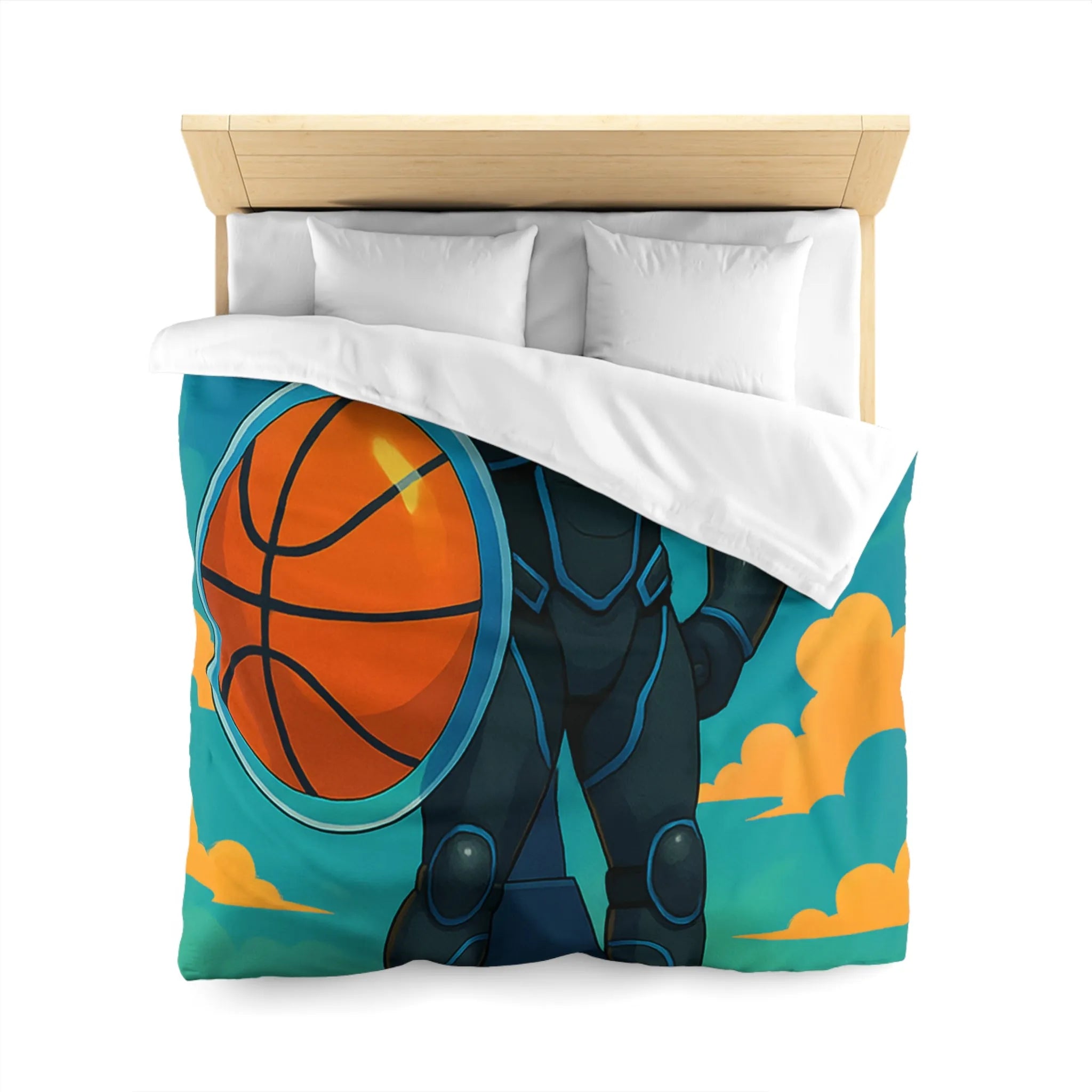 Housse de couette avec illustration d'un joueur de basket héroïque sous un ciel vibrant
