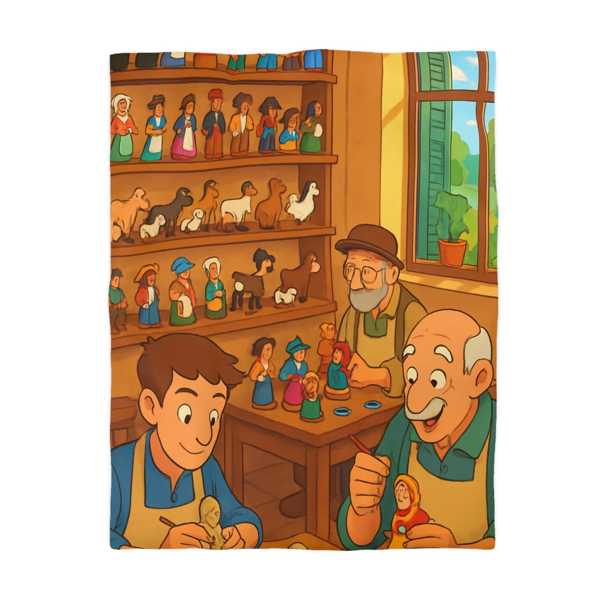 Housse de couette chaleureuse avec scène artisanale, figurines en bois colorées et personnages souriants